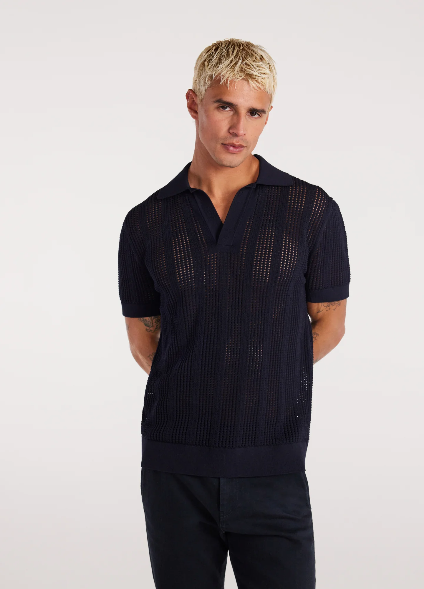Self Stripe Mesh Knit Polo Navy - Image 3