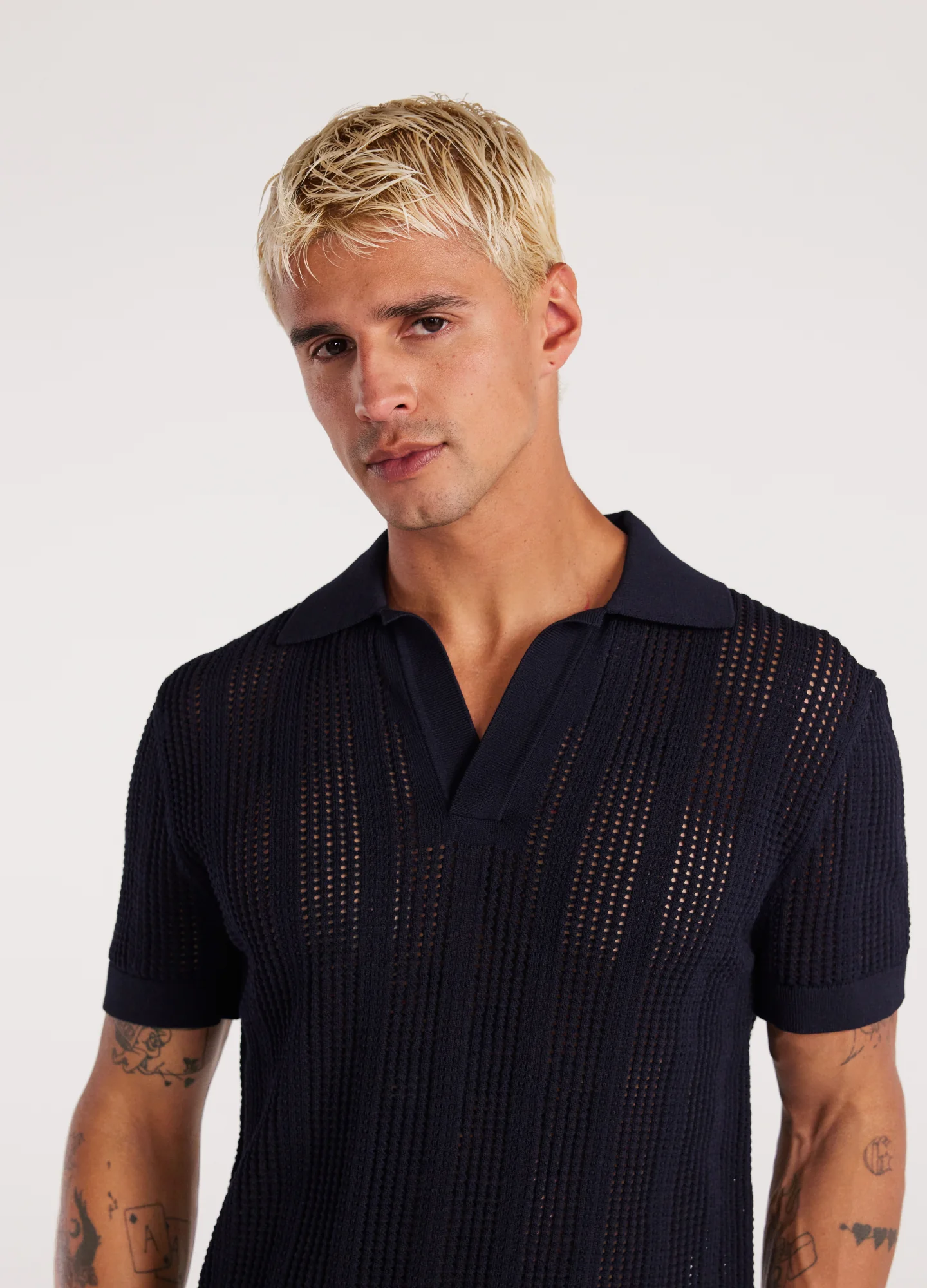 Self Stripe Mesh Knit Polo Navy - Image 4