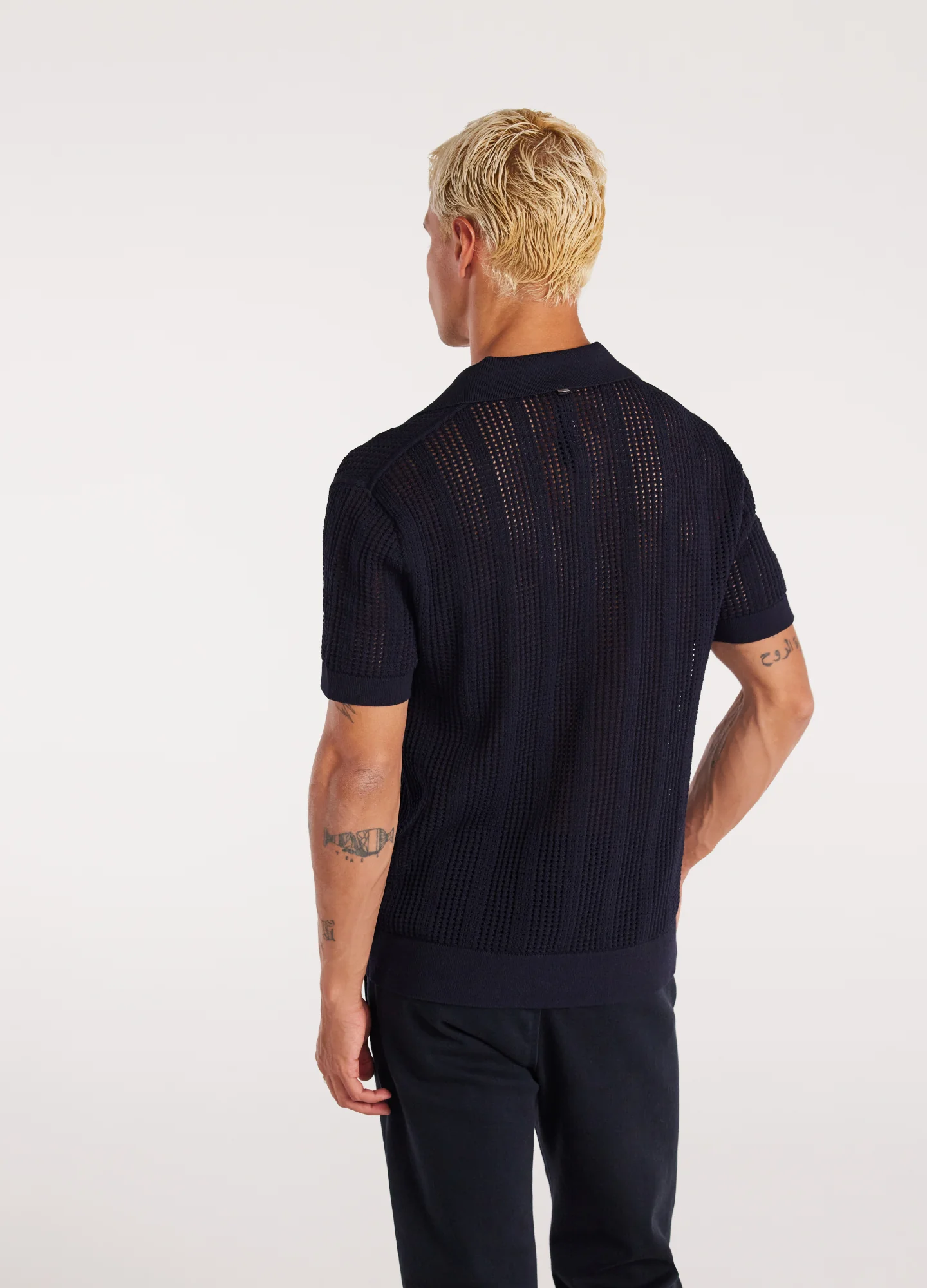 Self Stripe Mesh Knit Polo Navy - Image 5