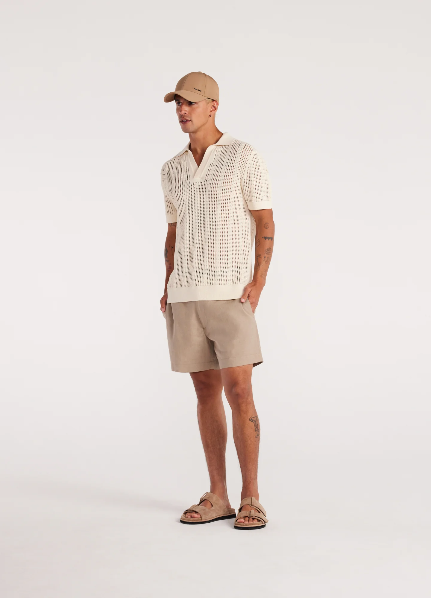 Self Stripe Mesh Knit Polo Wheat - Image 2
