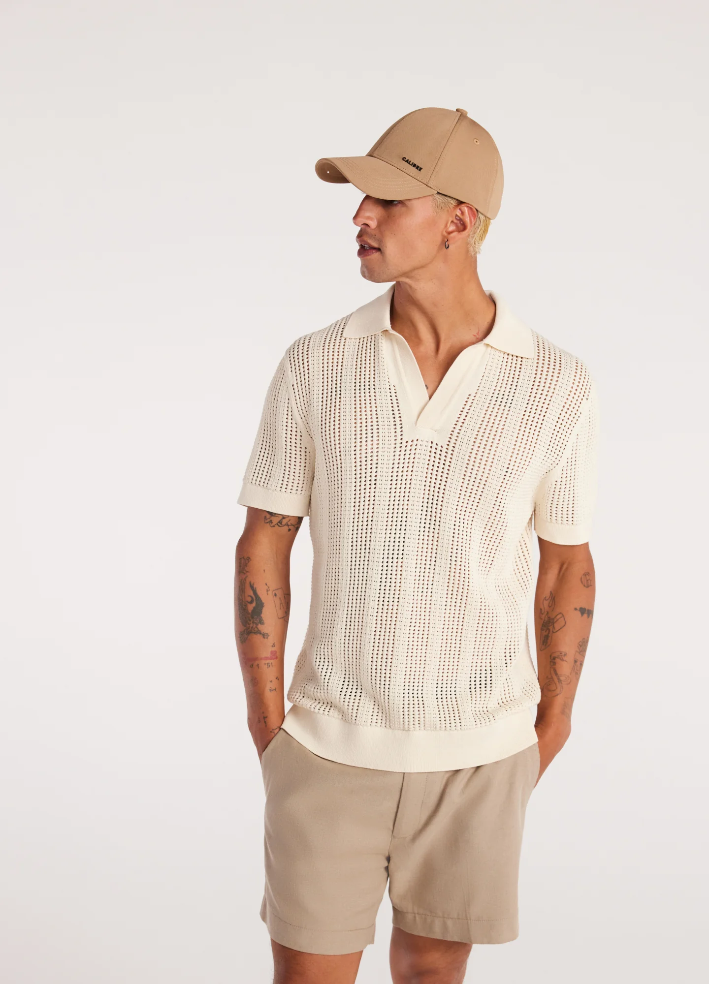 Self Stripe Mesh Knit Polo Wheat - Image 3