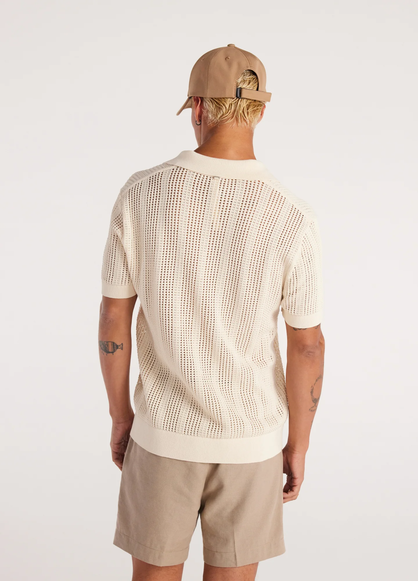 Self Stripe Mesh Knit Polo Wheat - Image 5