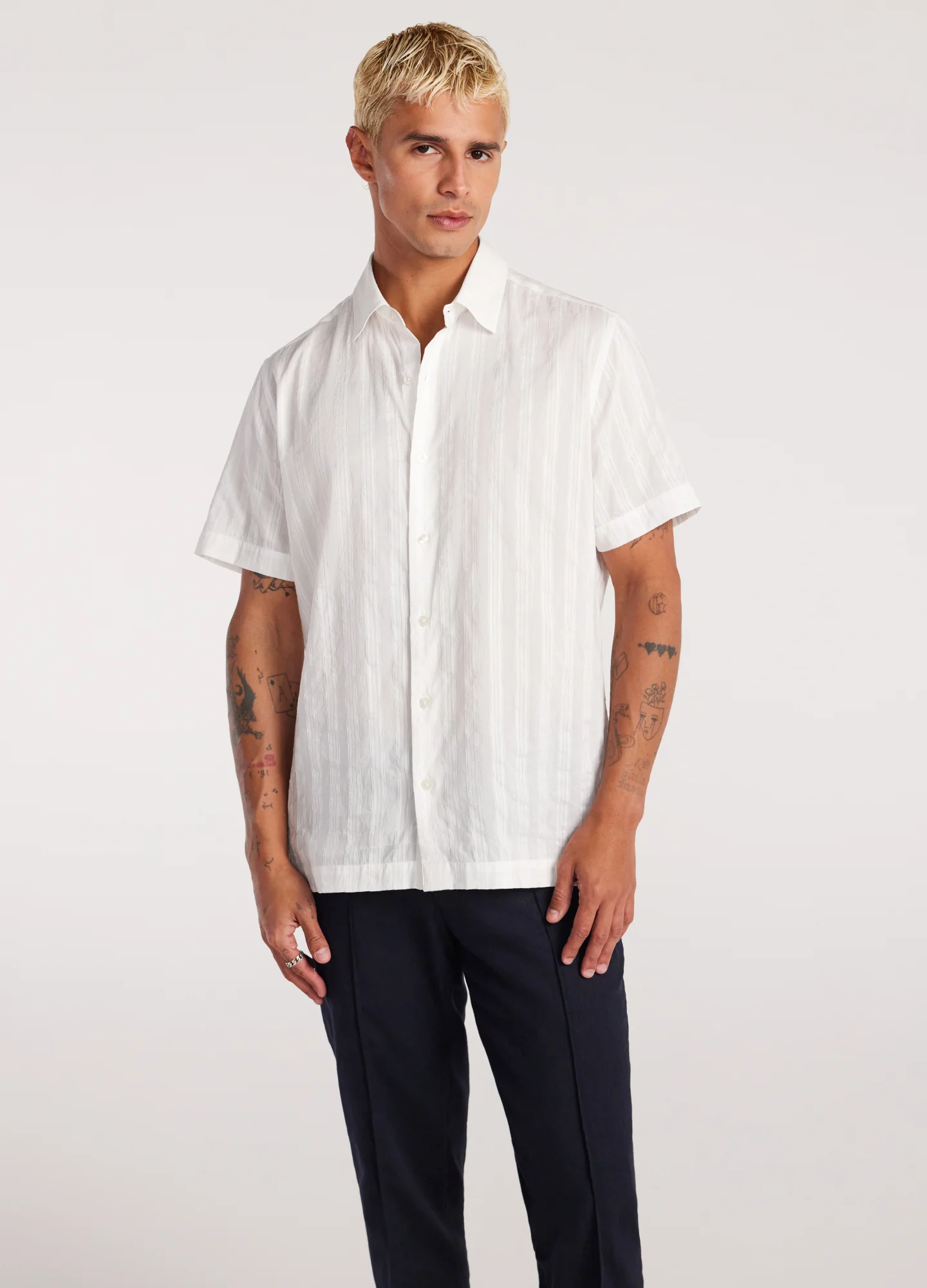 Sheer Striped Short Sleeve Shirt White - Image 3