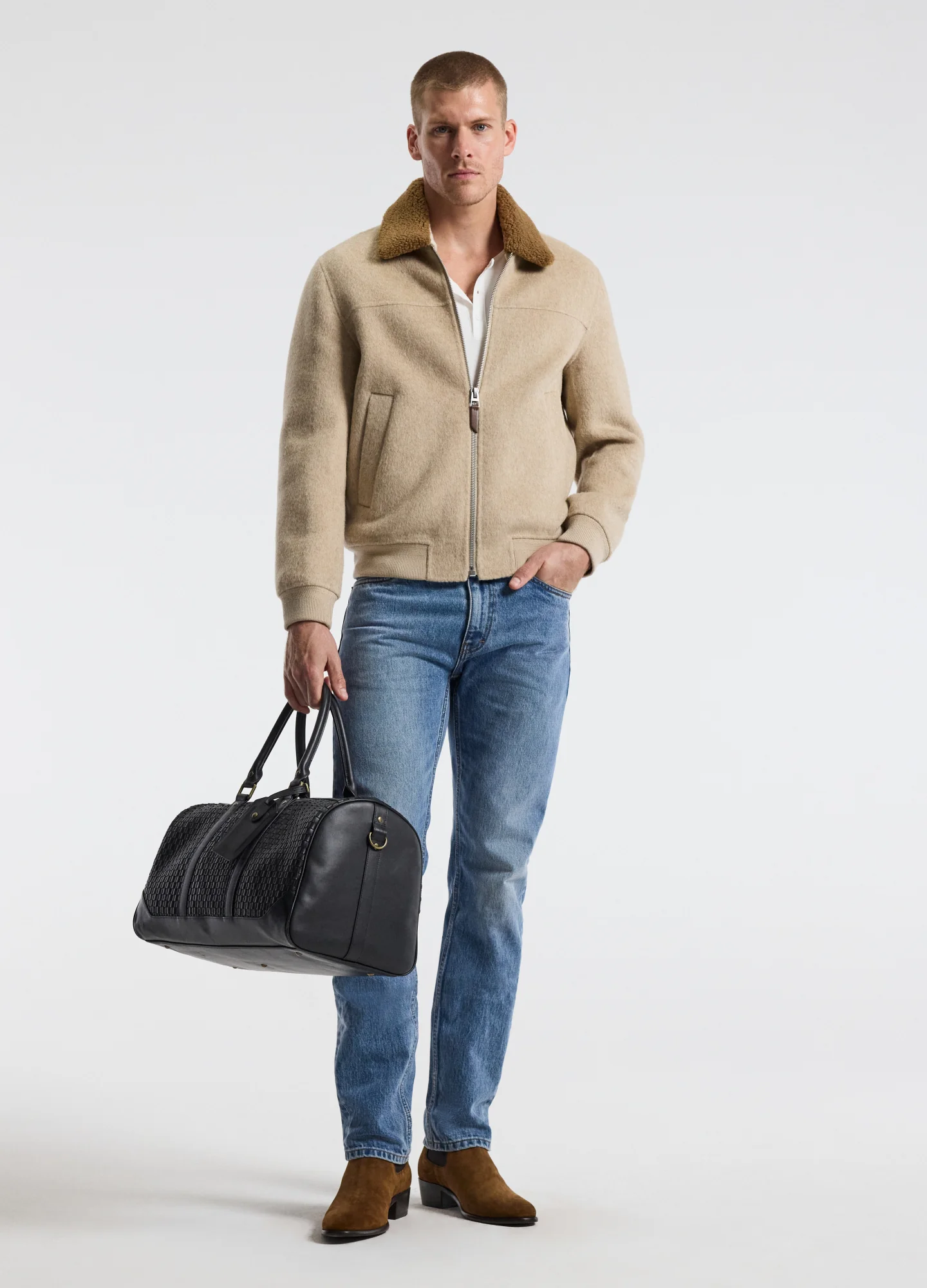 Sherpa Collar Wool Bomber Jacket Neutral - Image 2