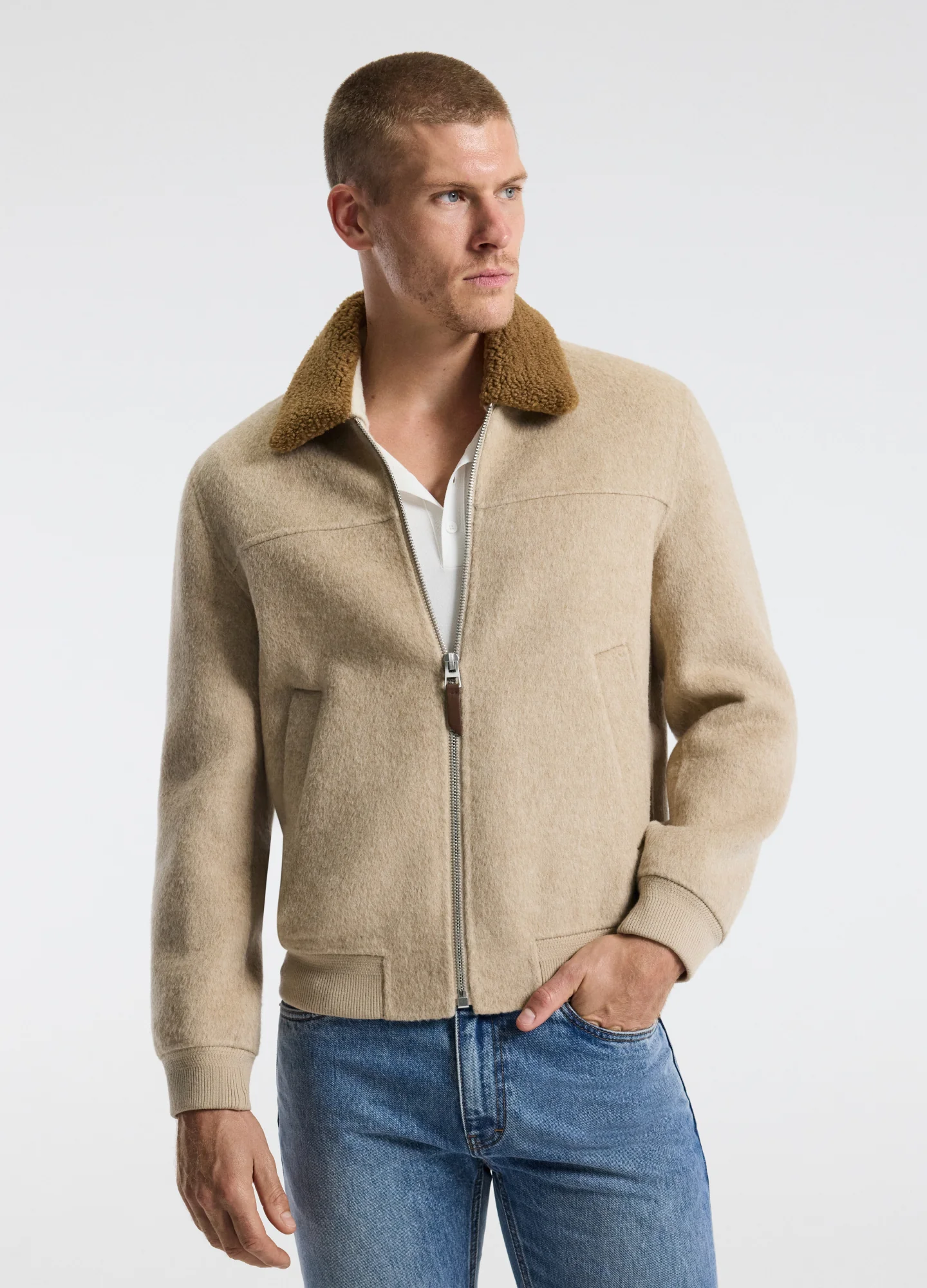 Sherpa Collar Wool Bomber Jacket Neutral - Image 3