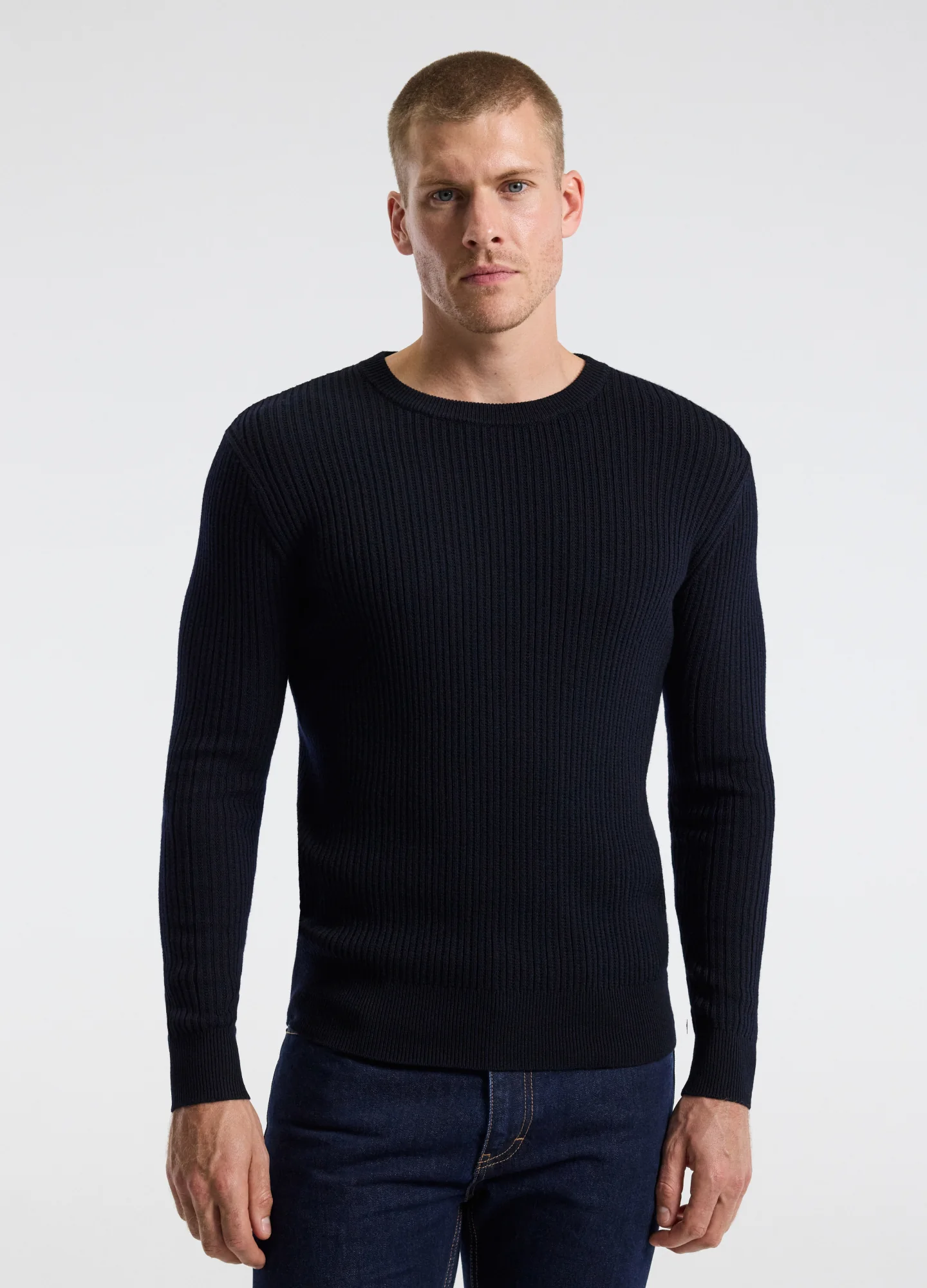 Slim Merino Wool Rib Sweater Navy - Image 3