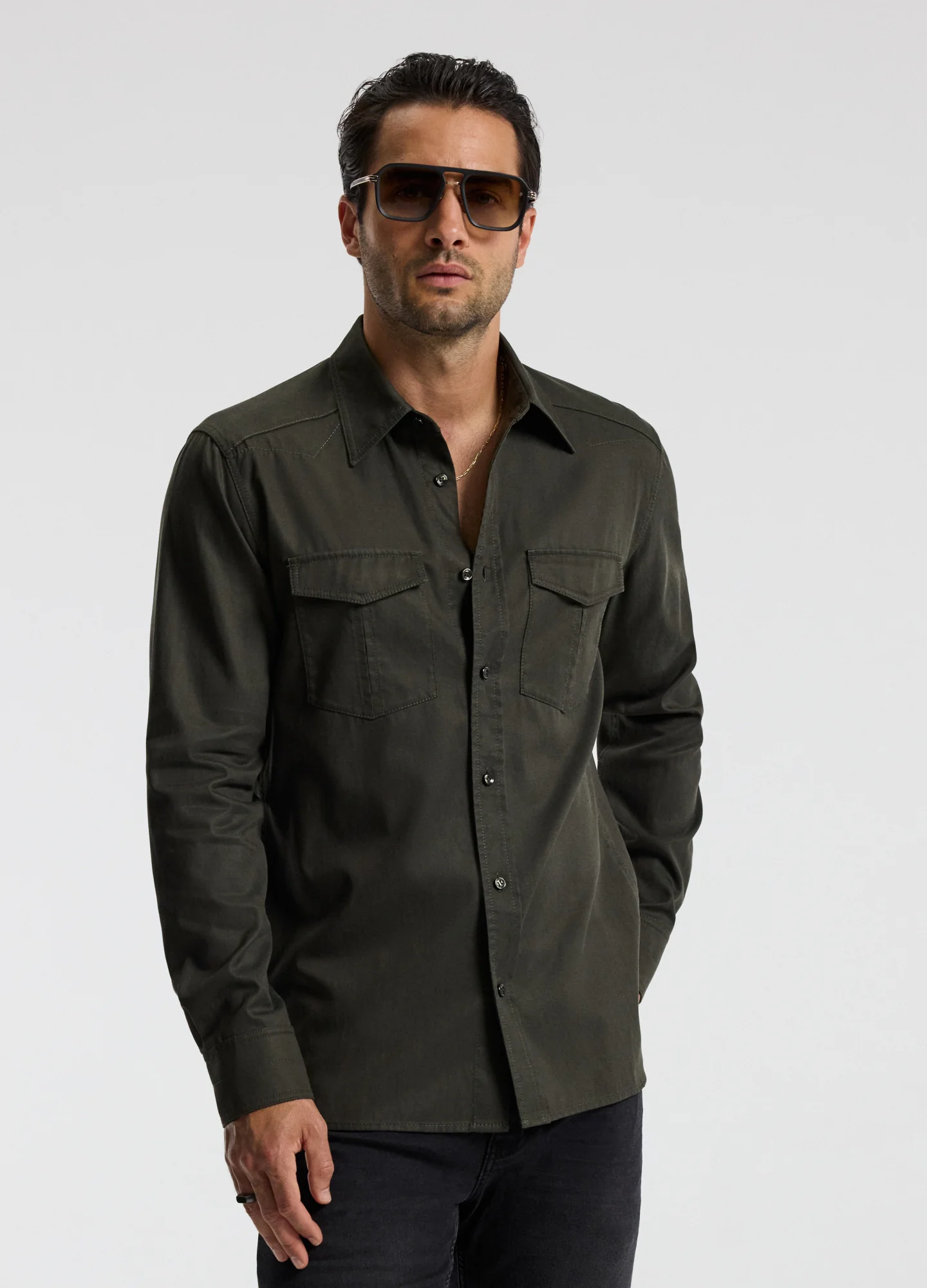 Slim Washed Pocketed Shirt Khaki - Image 3