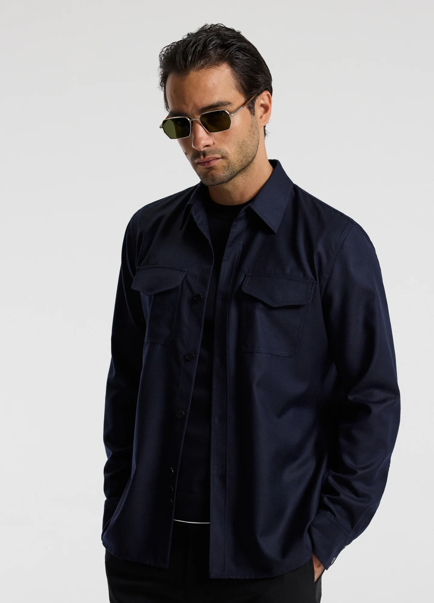 Slim Wool Flannel Shirt Navy - Image 3