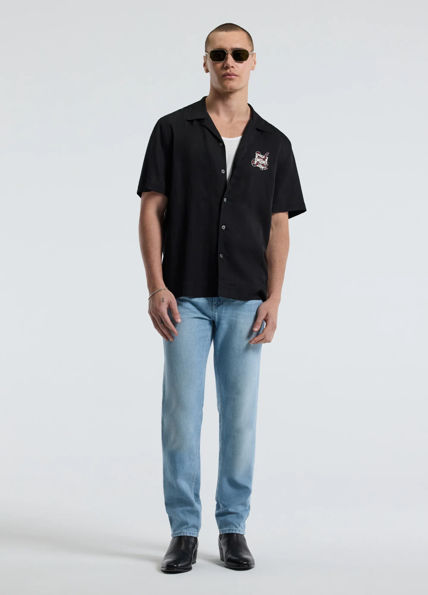 Snake Embroidered Short Sleeve Shirt Black - Image 2