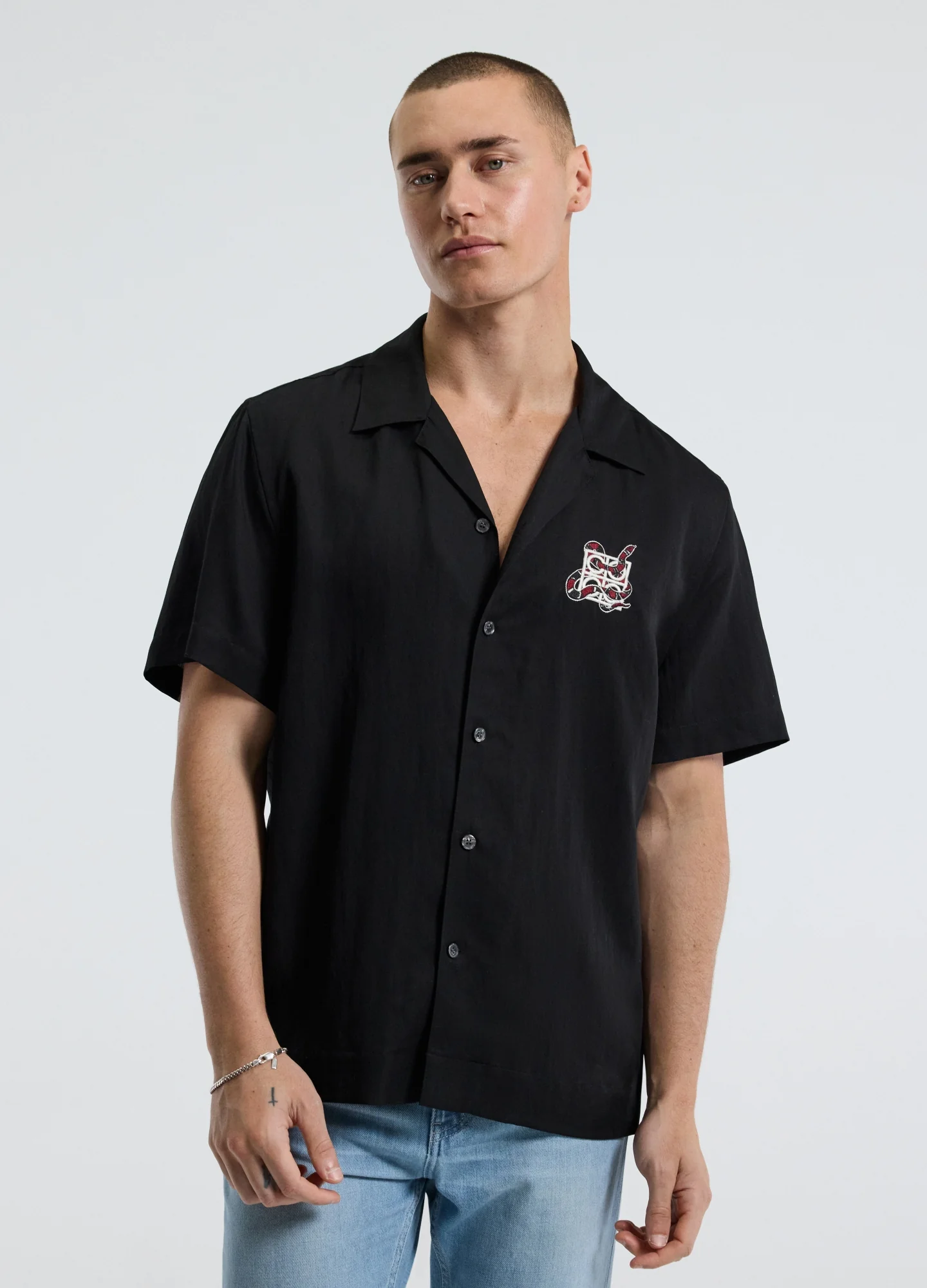 Snake Embroidered Short Sleeve Shirt Black - Image 3