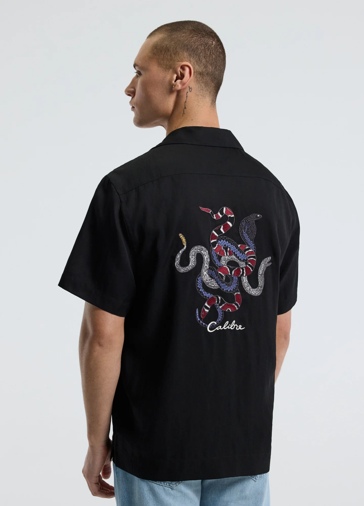 Snake Embroidered Short Sleeve Shirt Black - Image 5