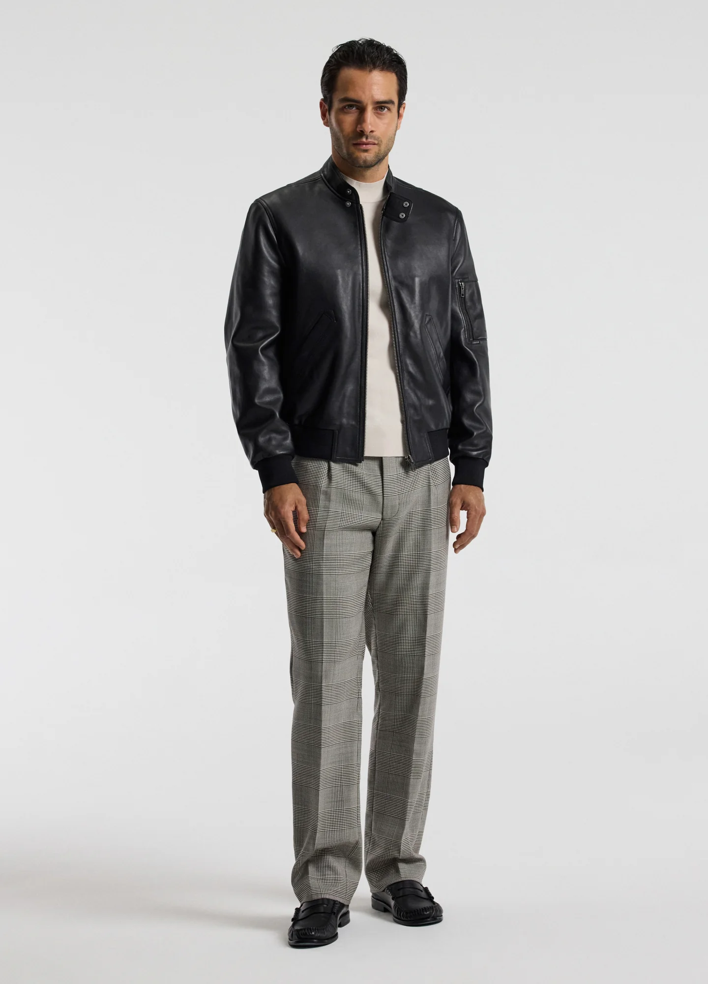Stand Collar Leather Bomber Jacket Black - Image 2