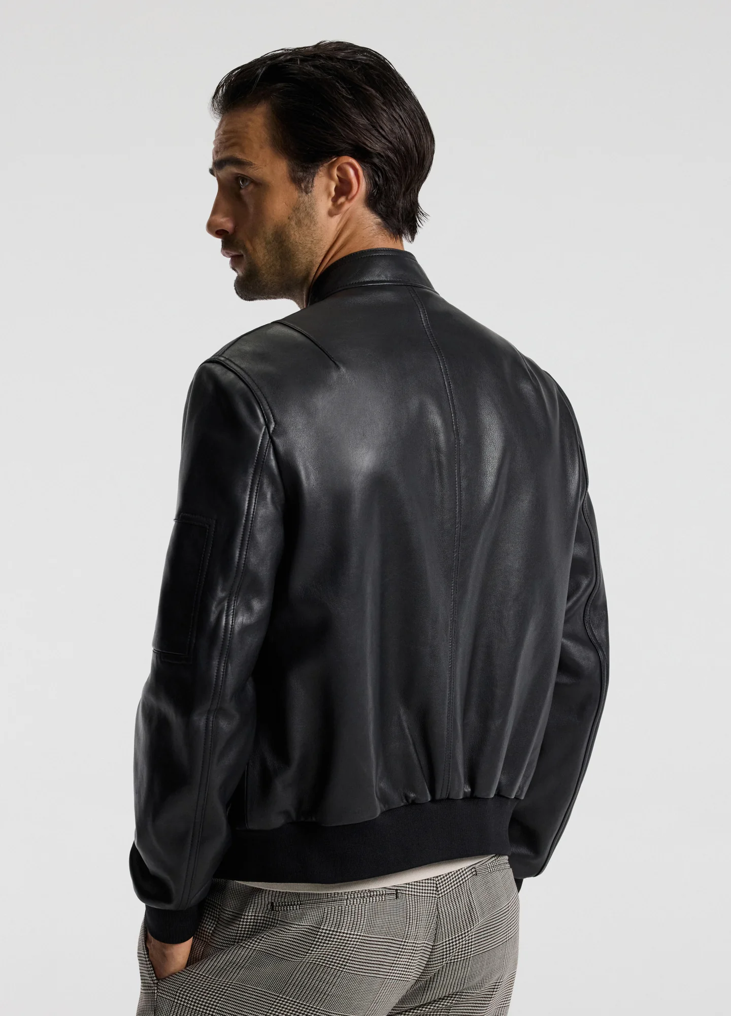 Stand Collar Leather Bomber Jacket Black - Image 5