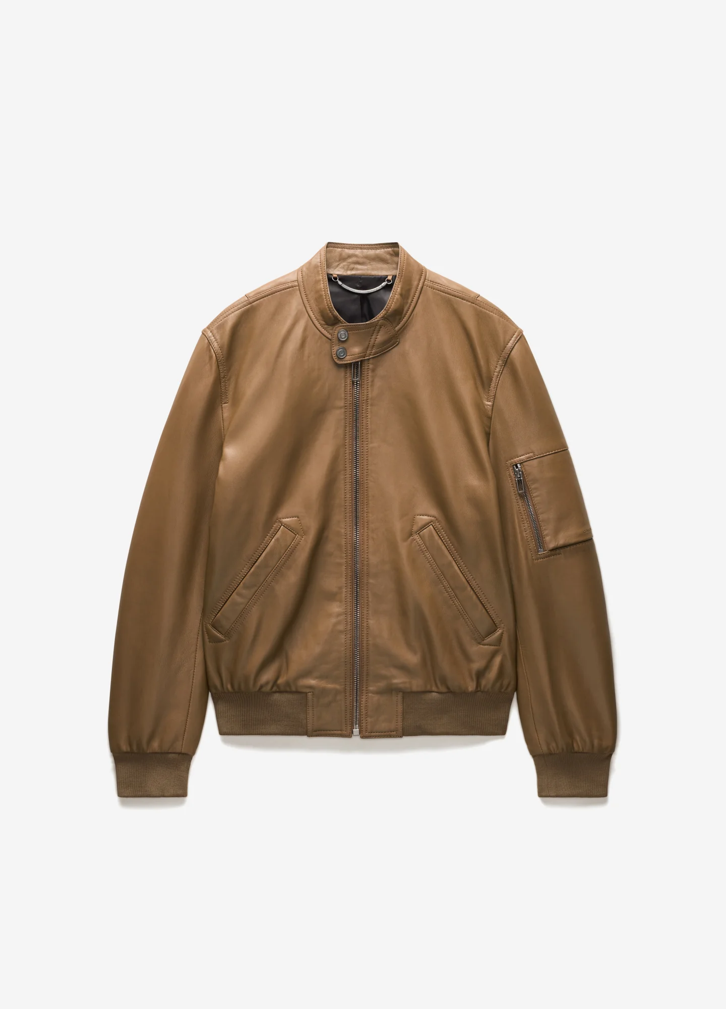 Stand Collar Leather Bomber Jacket Camel