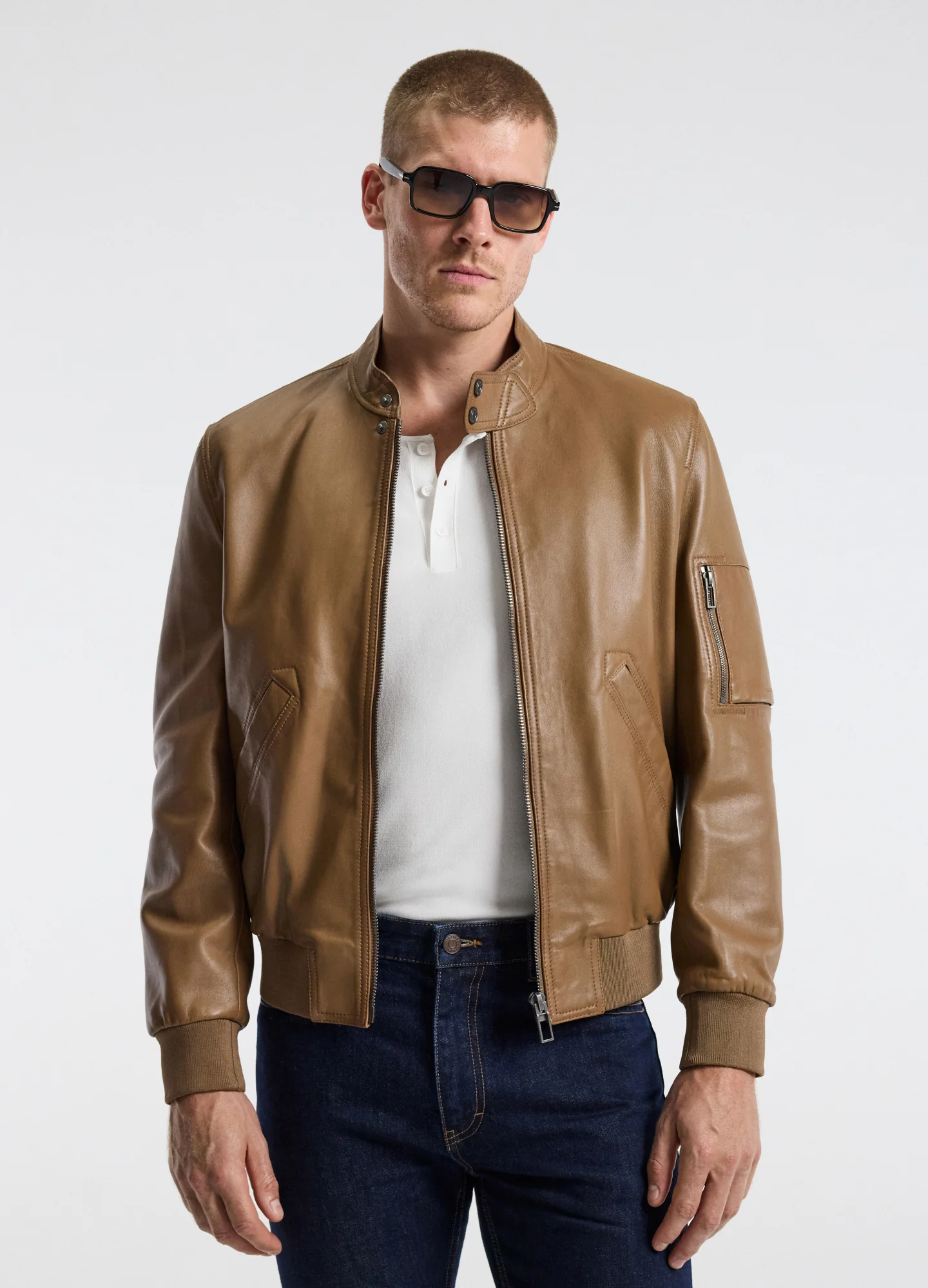 Stand Collar Leather Bomber Jacket Camel - Image 2