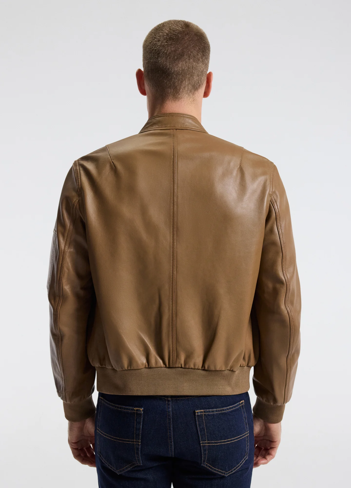 Stand Collar Leather Bomber Jacket Camel - Image 3