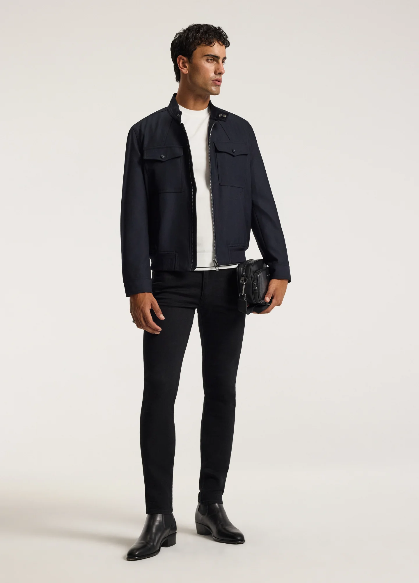 Stand Collar Wool Bomber Jacket Navy - Image 2