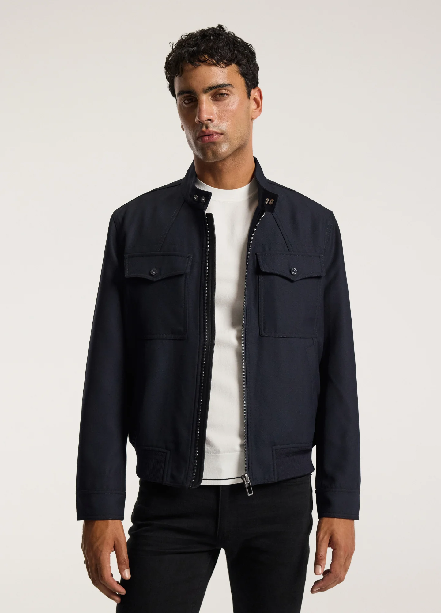 Stand Collar Wool Bomber Jacket Navy - Image 3