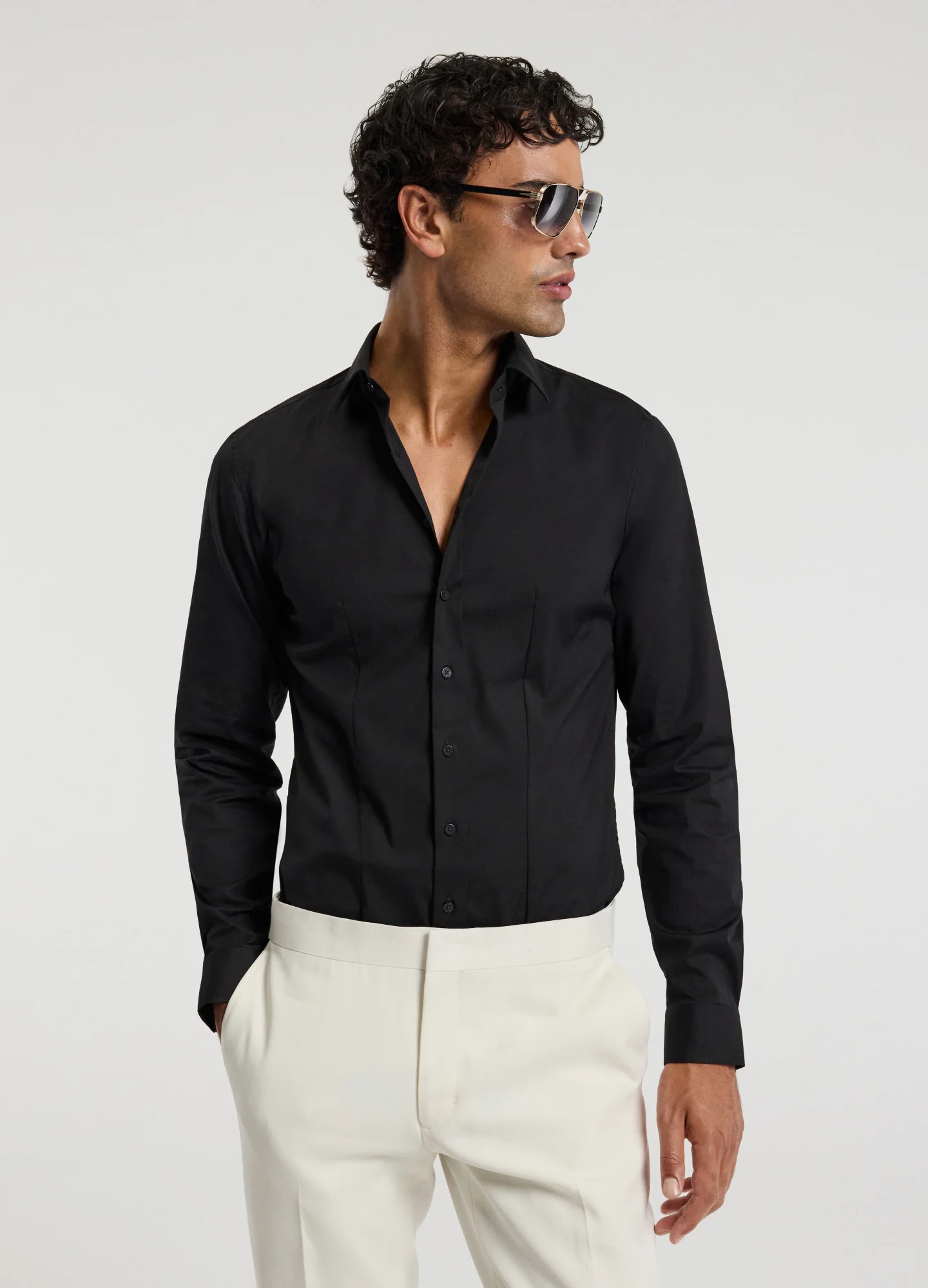 Stretch Cotton Poplin Shirt Black - Image 3