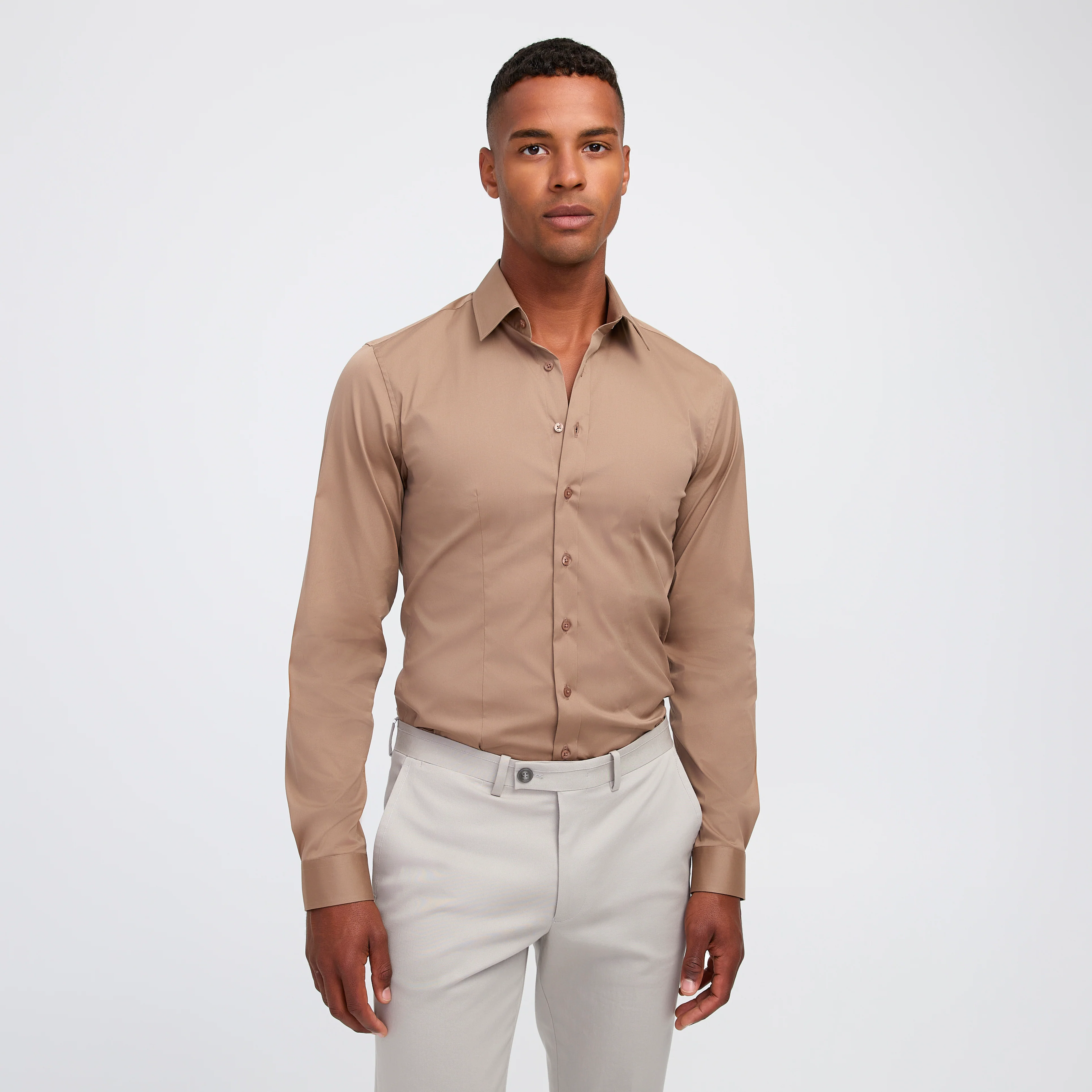 Stretch Cotton Poplin Shirt Camel - Image 3