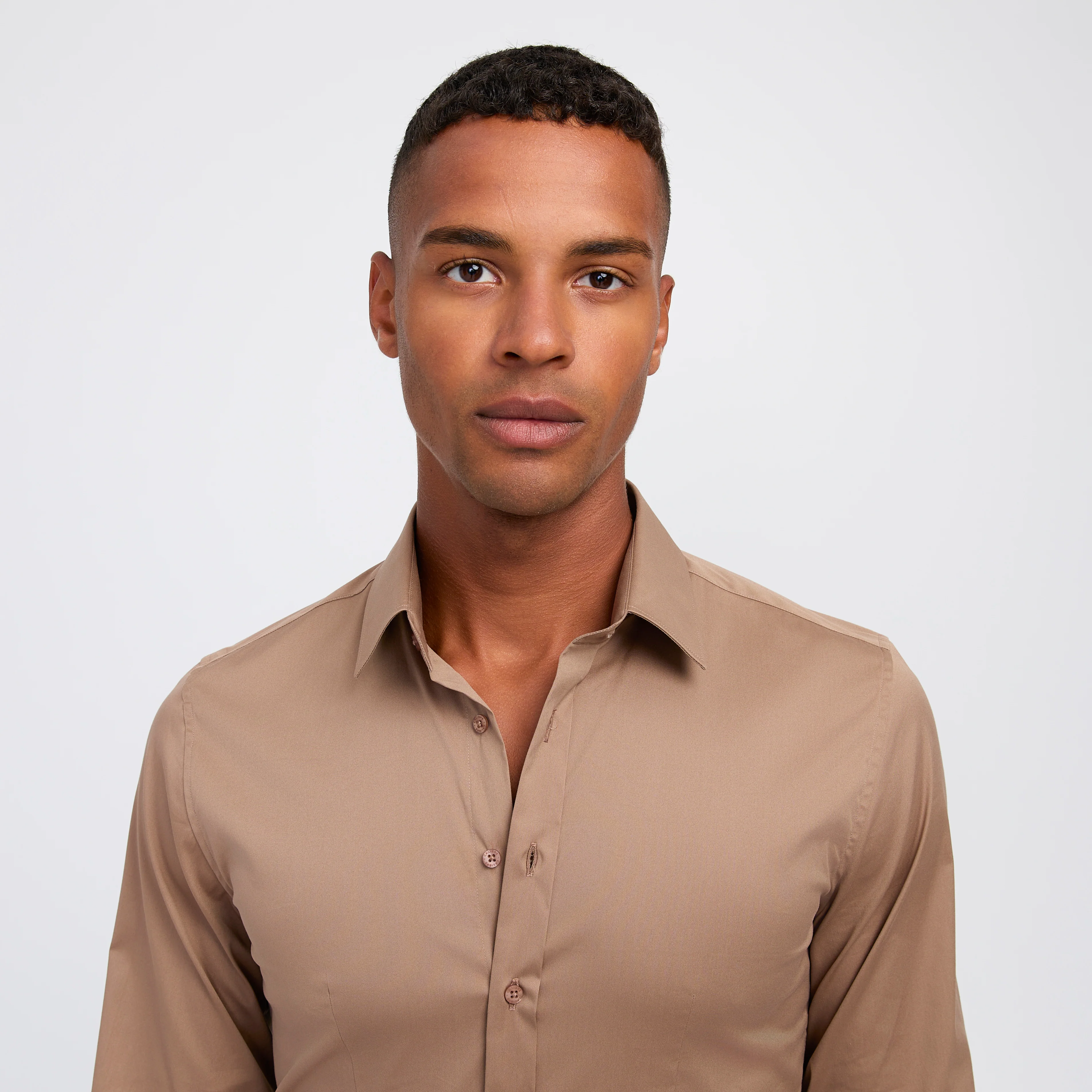 Stretch Cotton Poplin Shirt Camel - Image 4