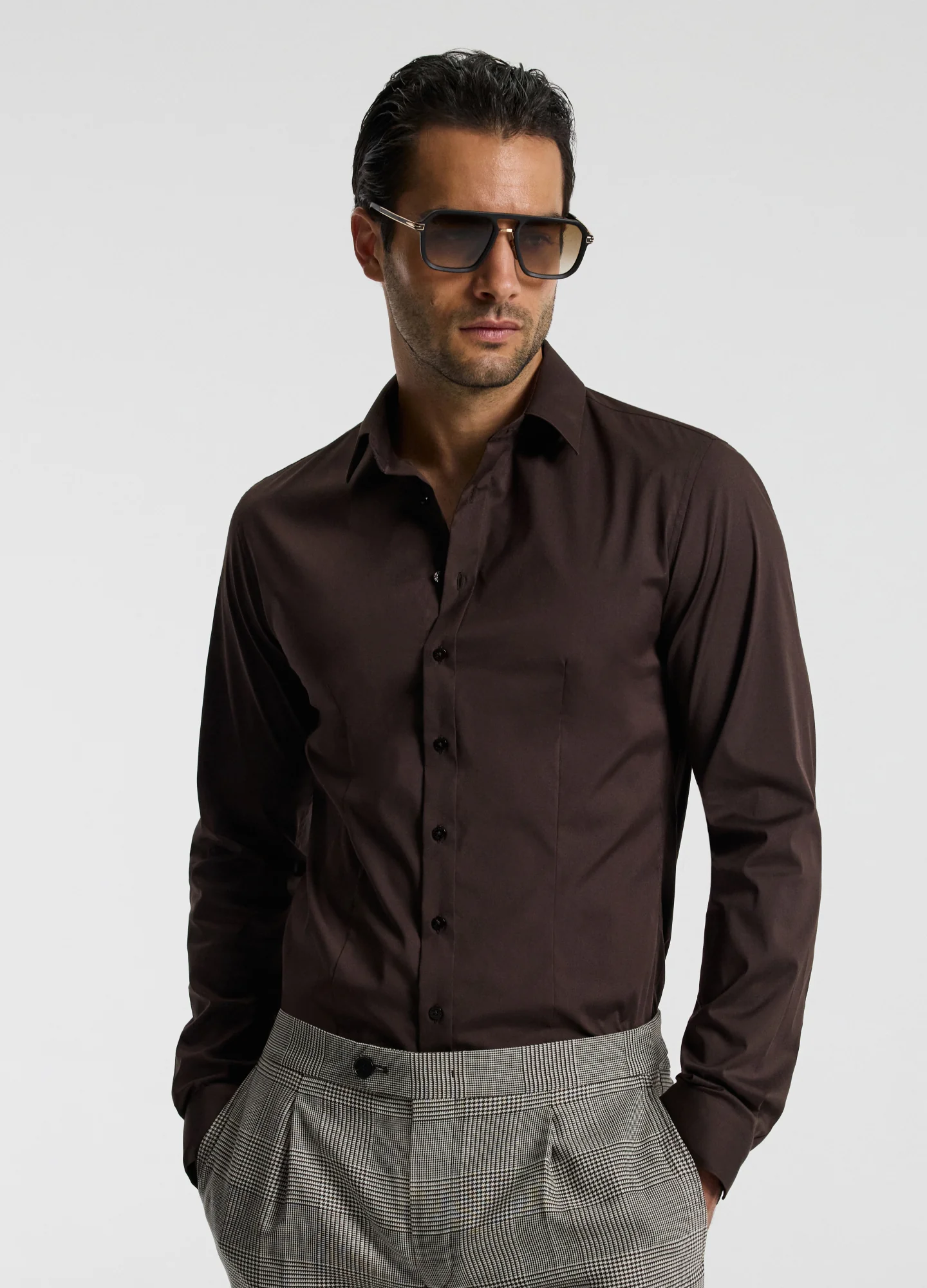 Stretch Cotton Poplin Shirt Chocolate - Image 3