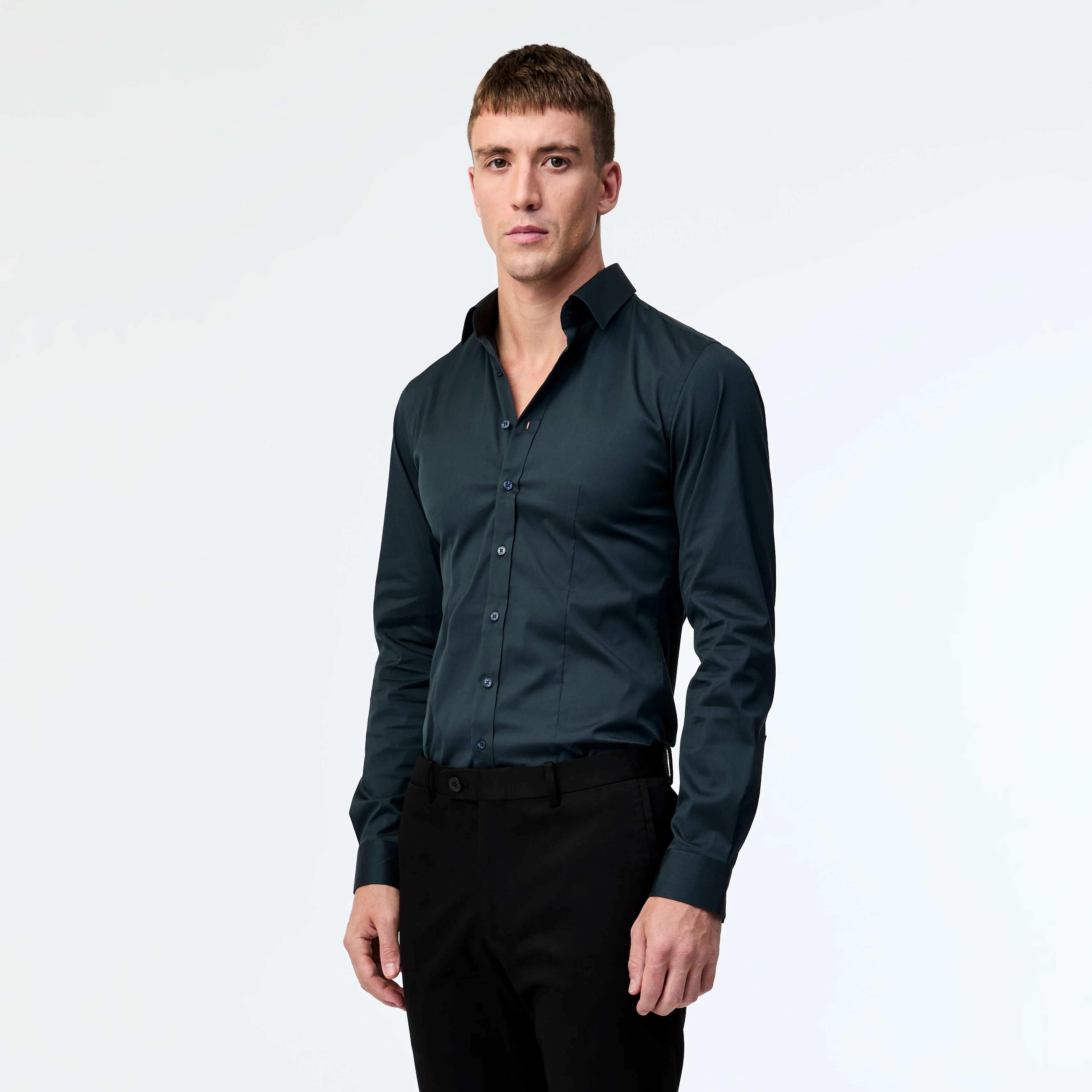 Stretch Cotton Poplin Shirt Dark Green - Image 3
