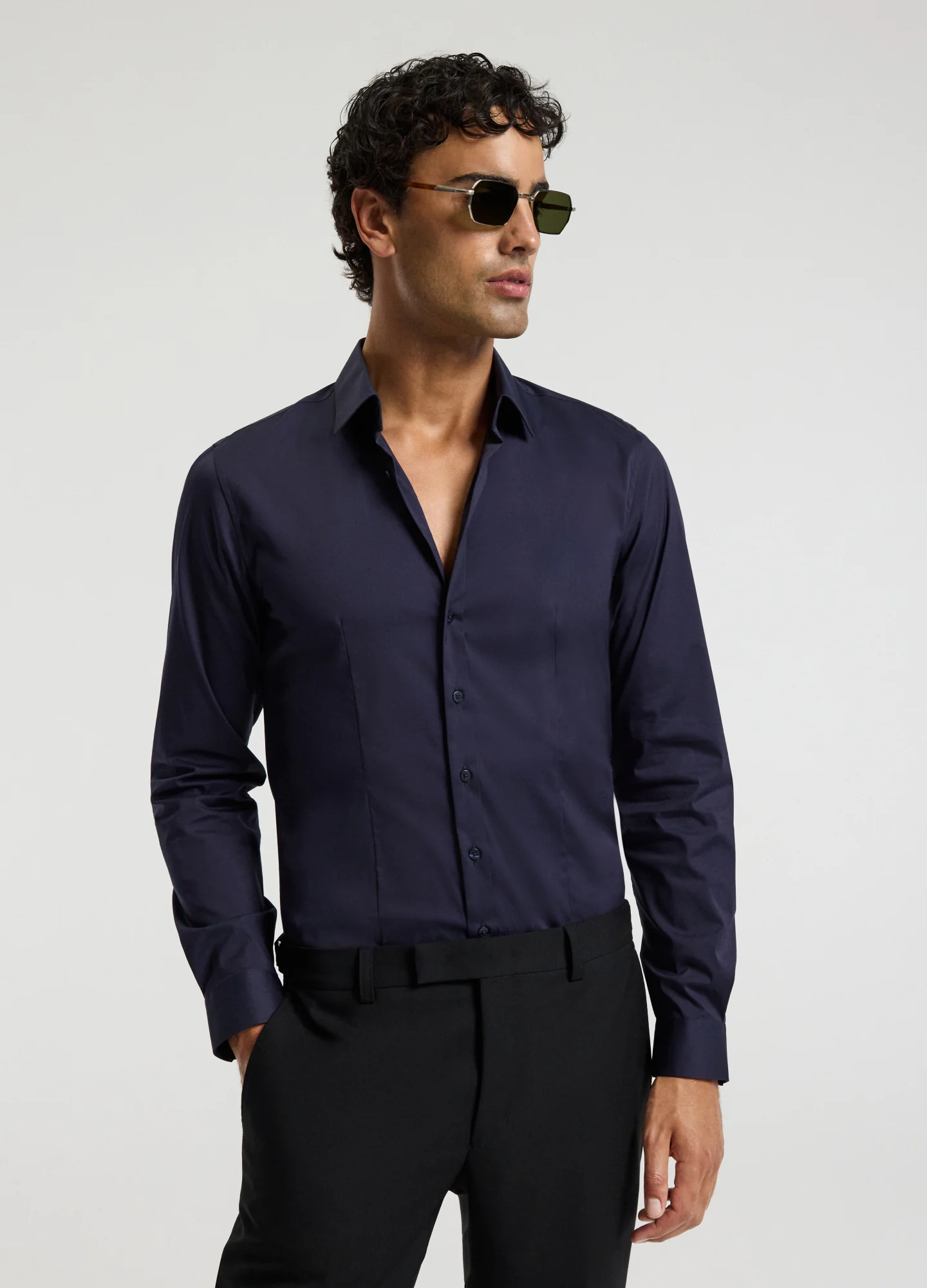 Stretch Cotton Poplin Shirt Navy - Image 3