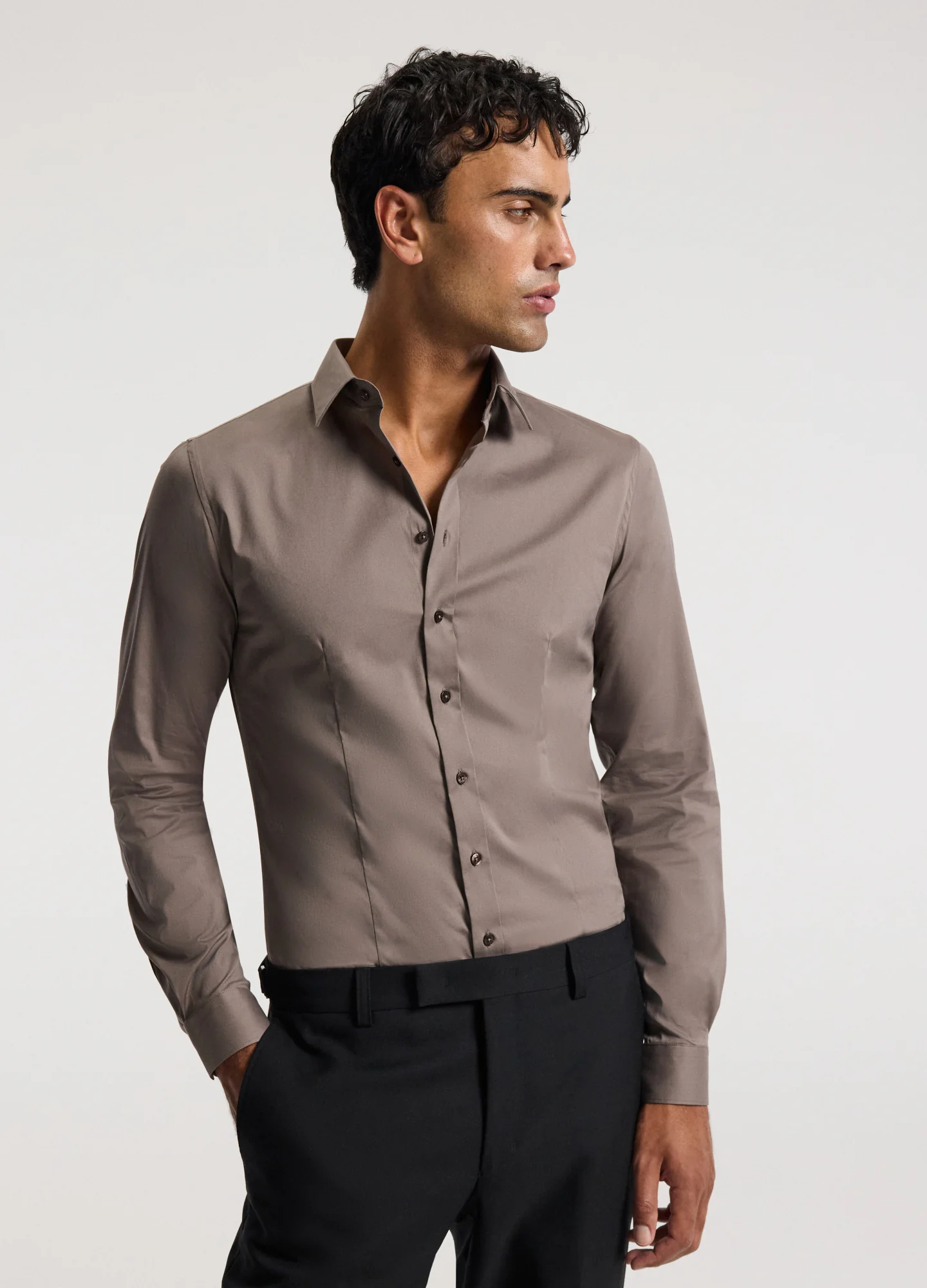 Stretch Cotton Poplin Shirt Sepia - Image 3