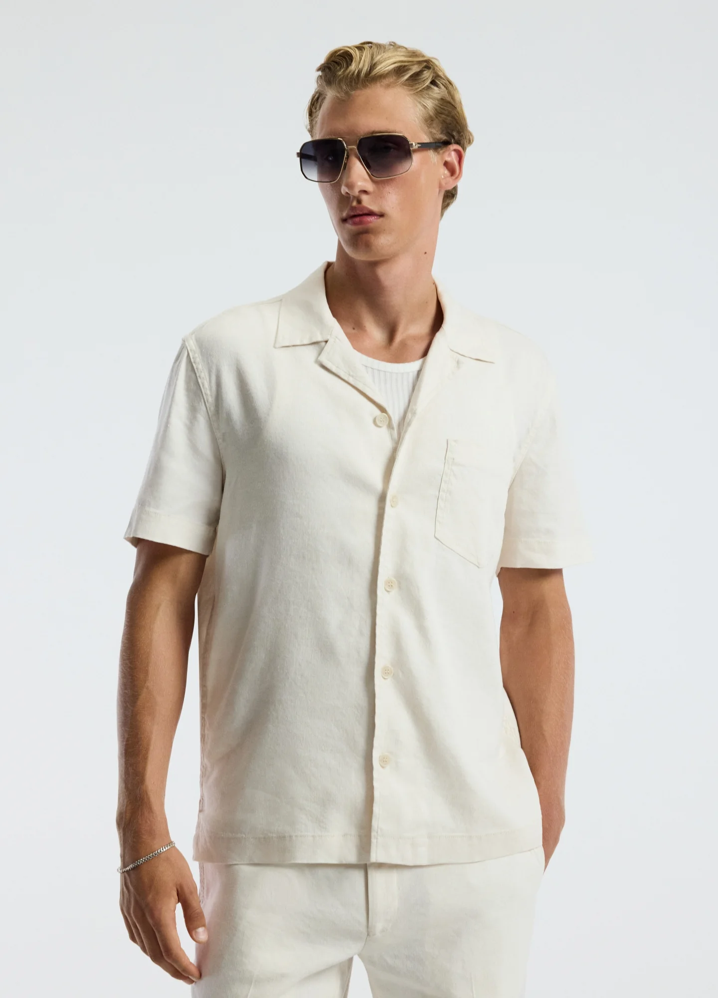 Stretch Linen Short Sleeve Shirt Ivory - Image 3