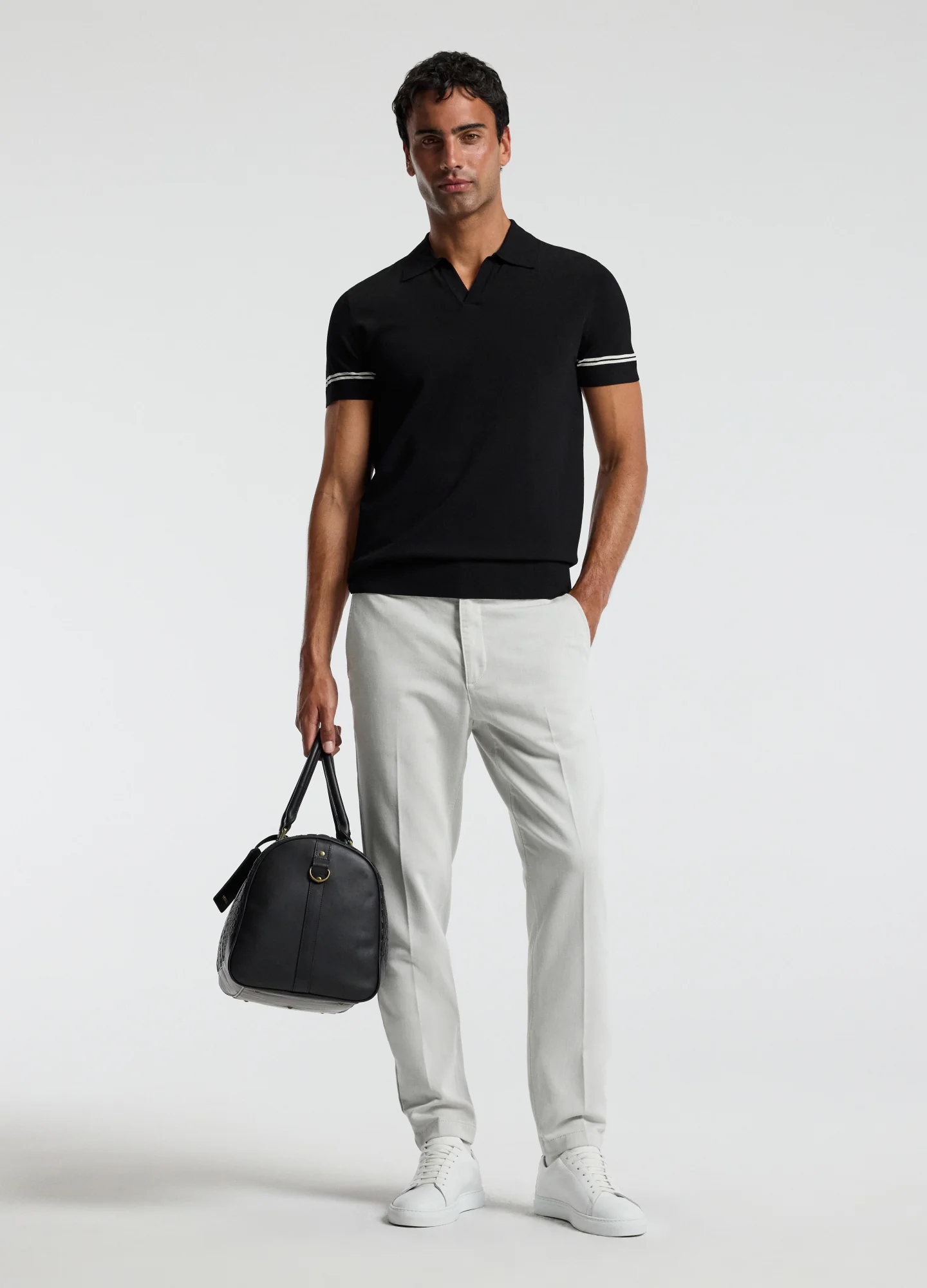 Stripe Cuff Open Neck Polo Black - Image 2