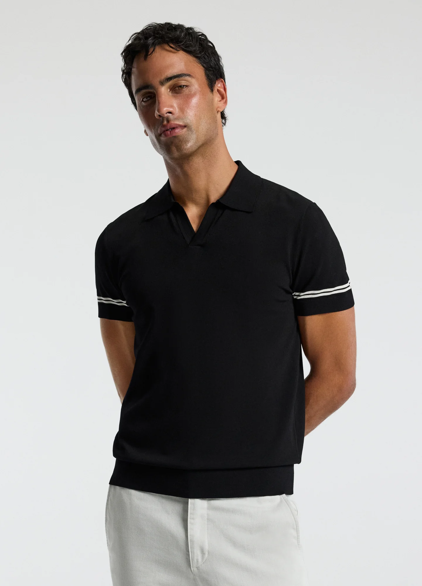 Stripe Cuff Open Neck Polo Black - Image 3