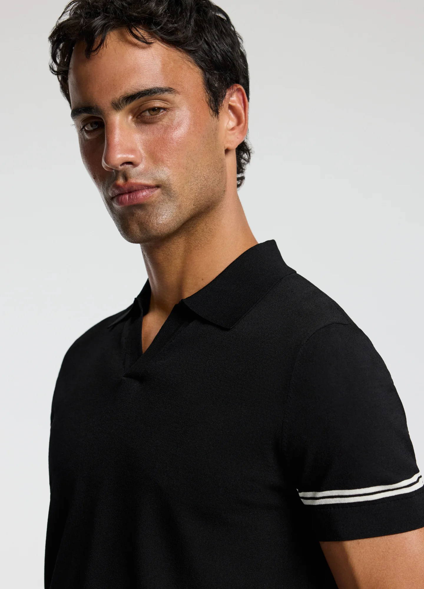 Stripe Cuff Open Neck Polo Black - Image 4