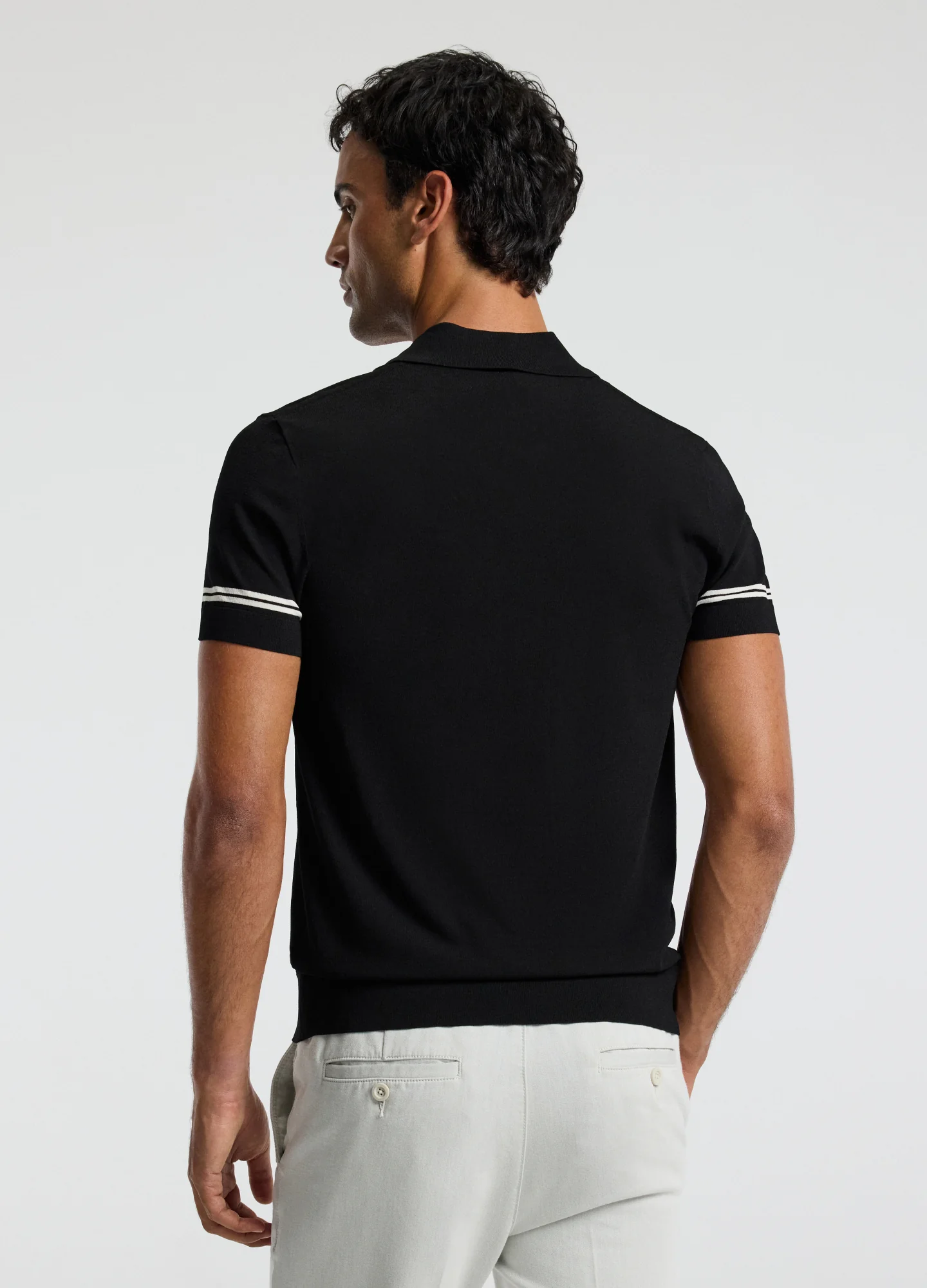Stripe Cuff Open Neck Polo Black - Image 5
