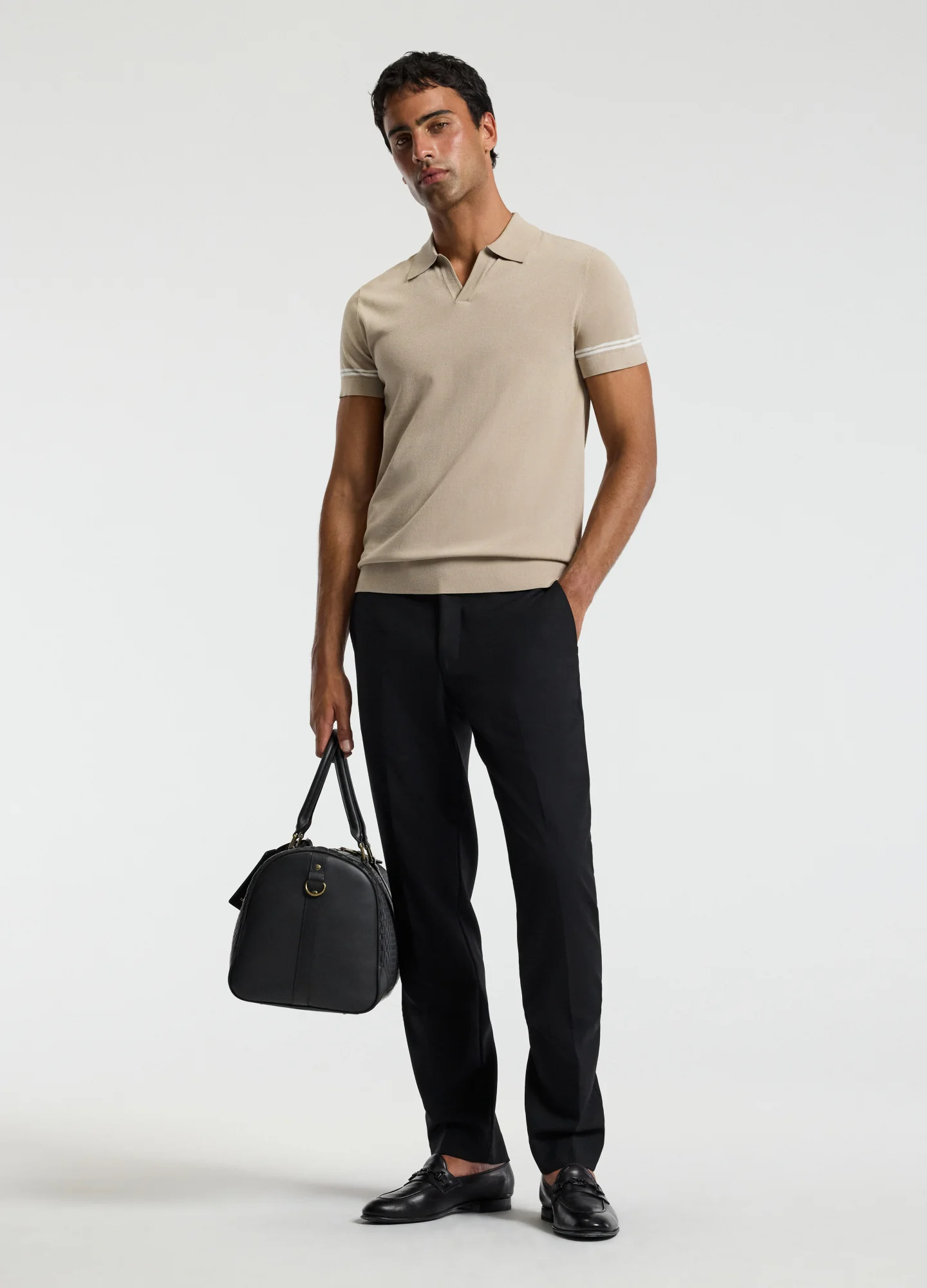 Stripe Cuff Open Neck Polo Sand - Image 2