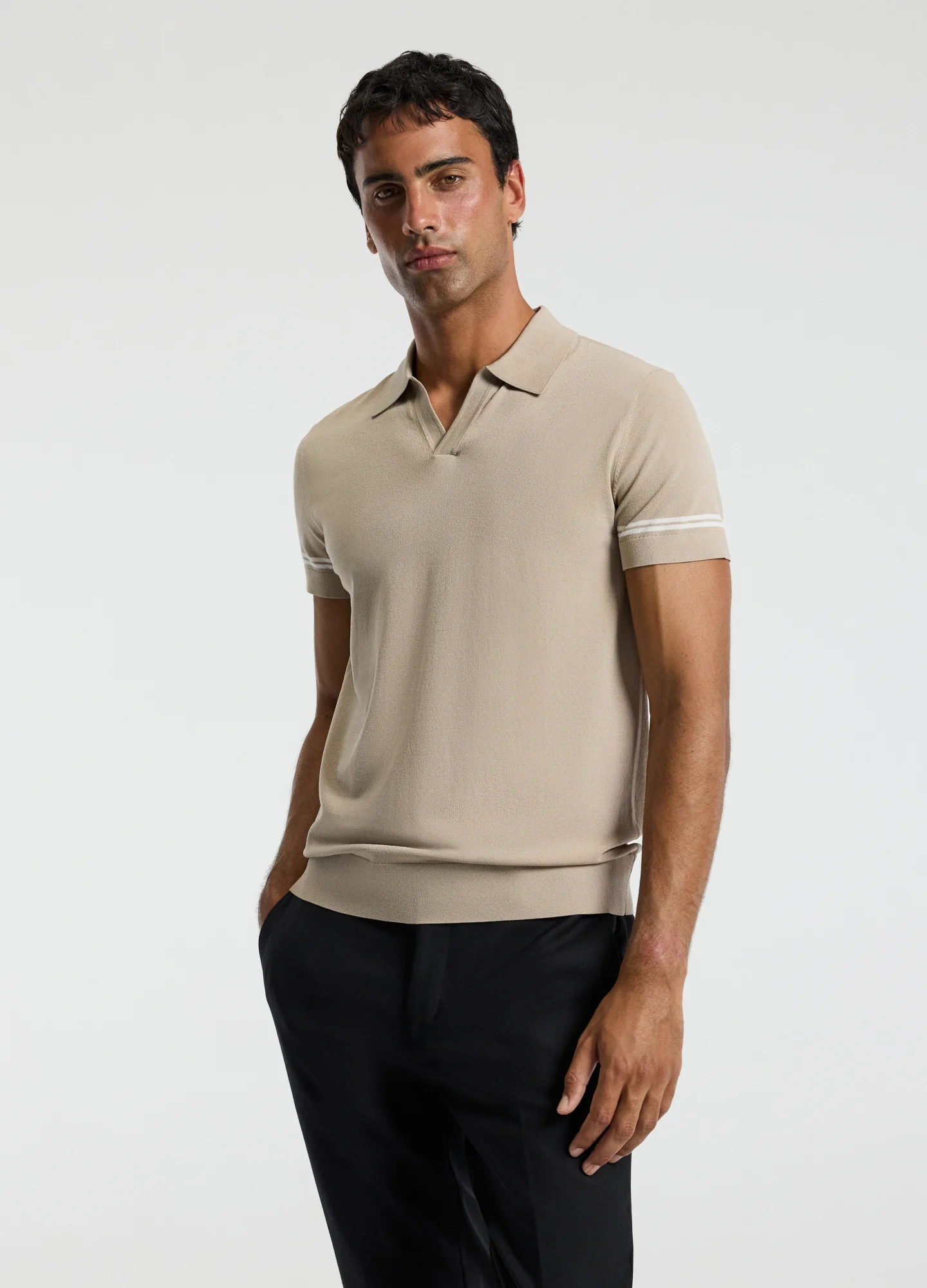 Stripe Cuff Open Neck Polo Sand - Image 3