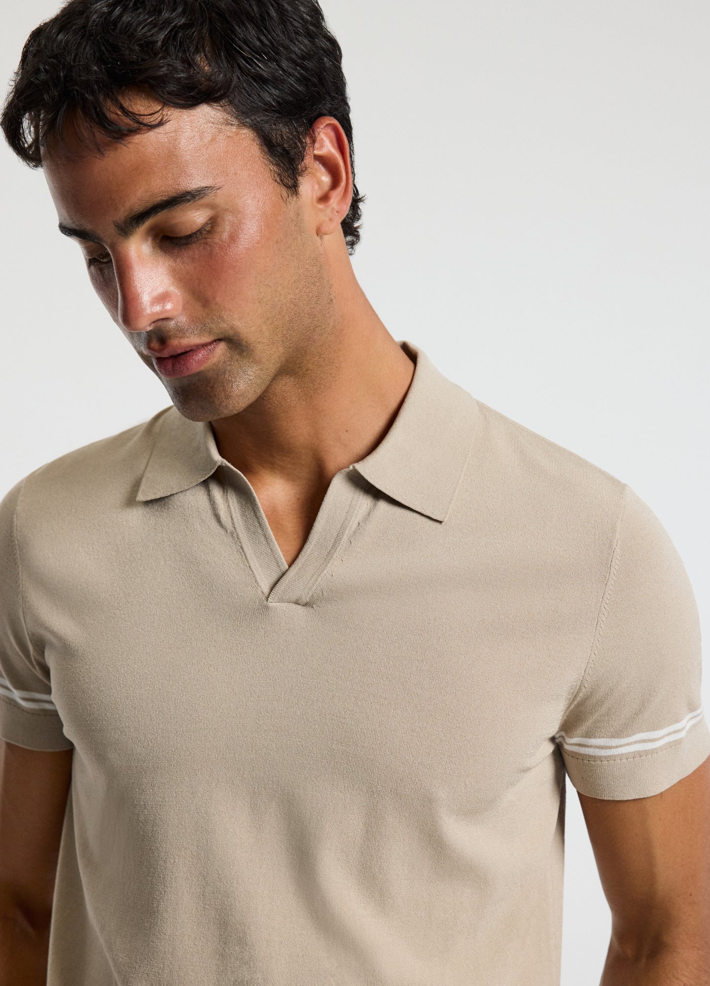 Stripe Cuff Open Neck Polo Sand - Image 4