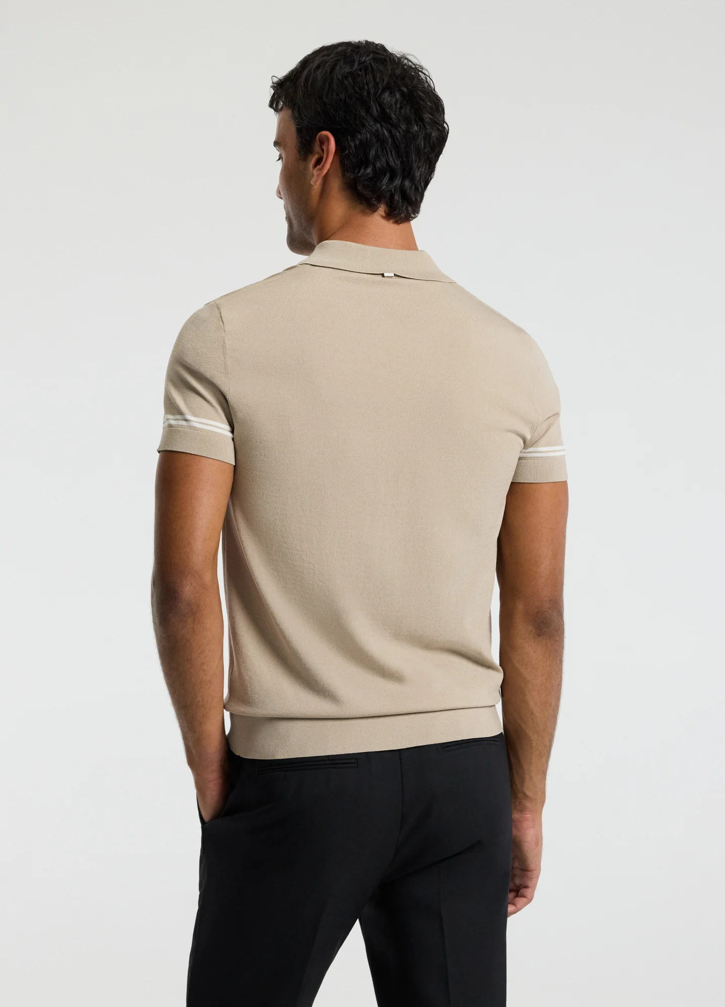 Stripe Cuff Open Neck Polo Sand - Image 5