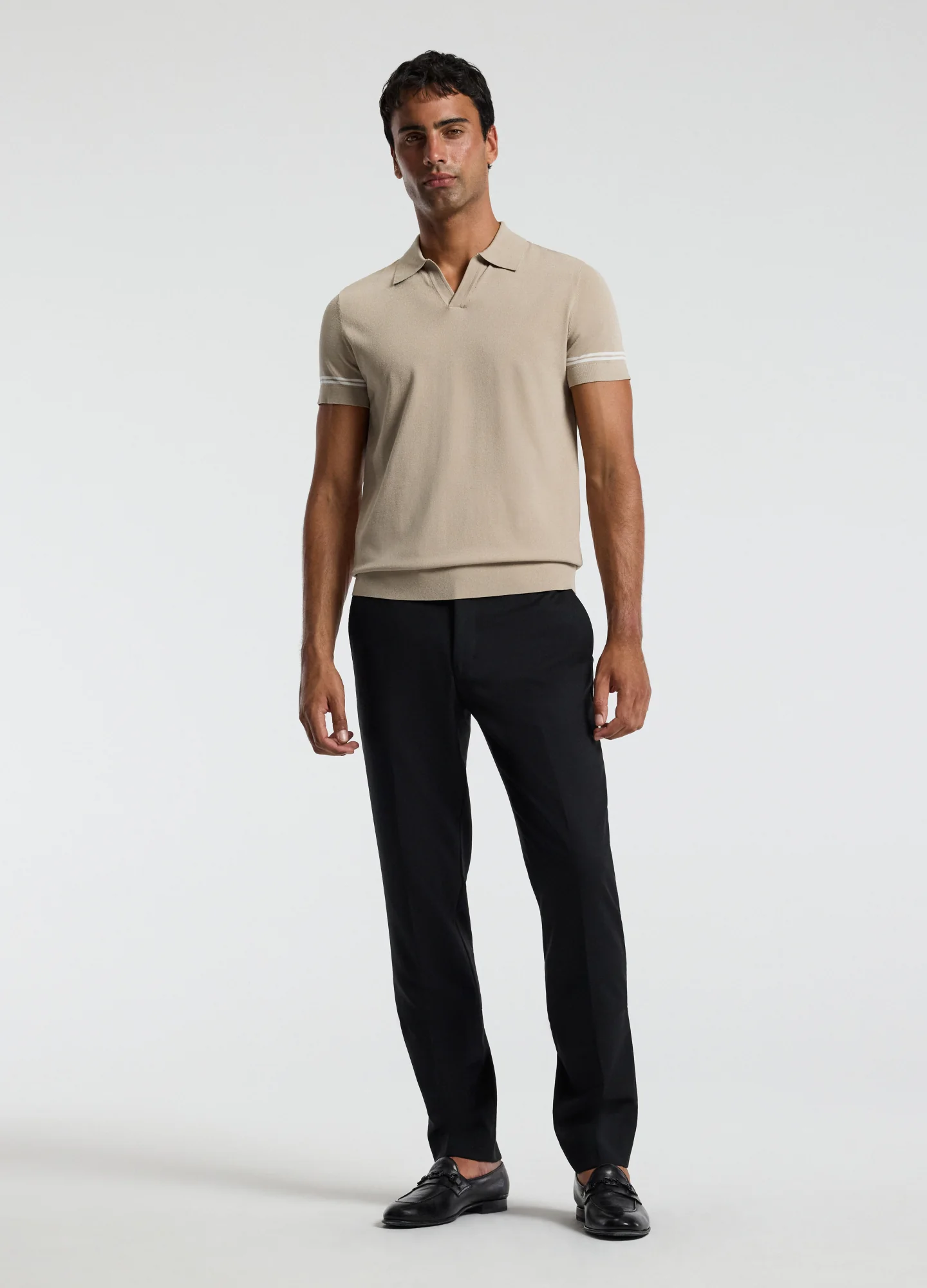 Stripe Cuff Open Neck Polo Sand - Image 7