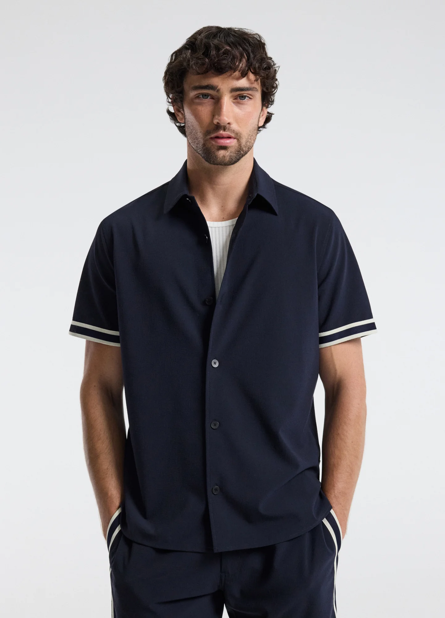 Stripe Trim Textured Overshirt Navy - Image 3