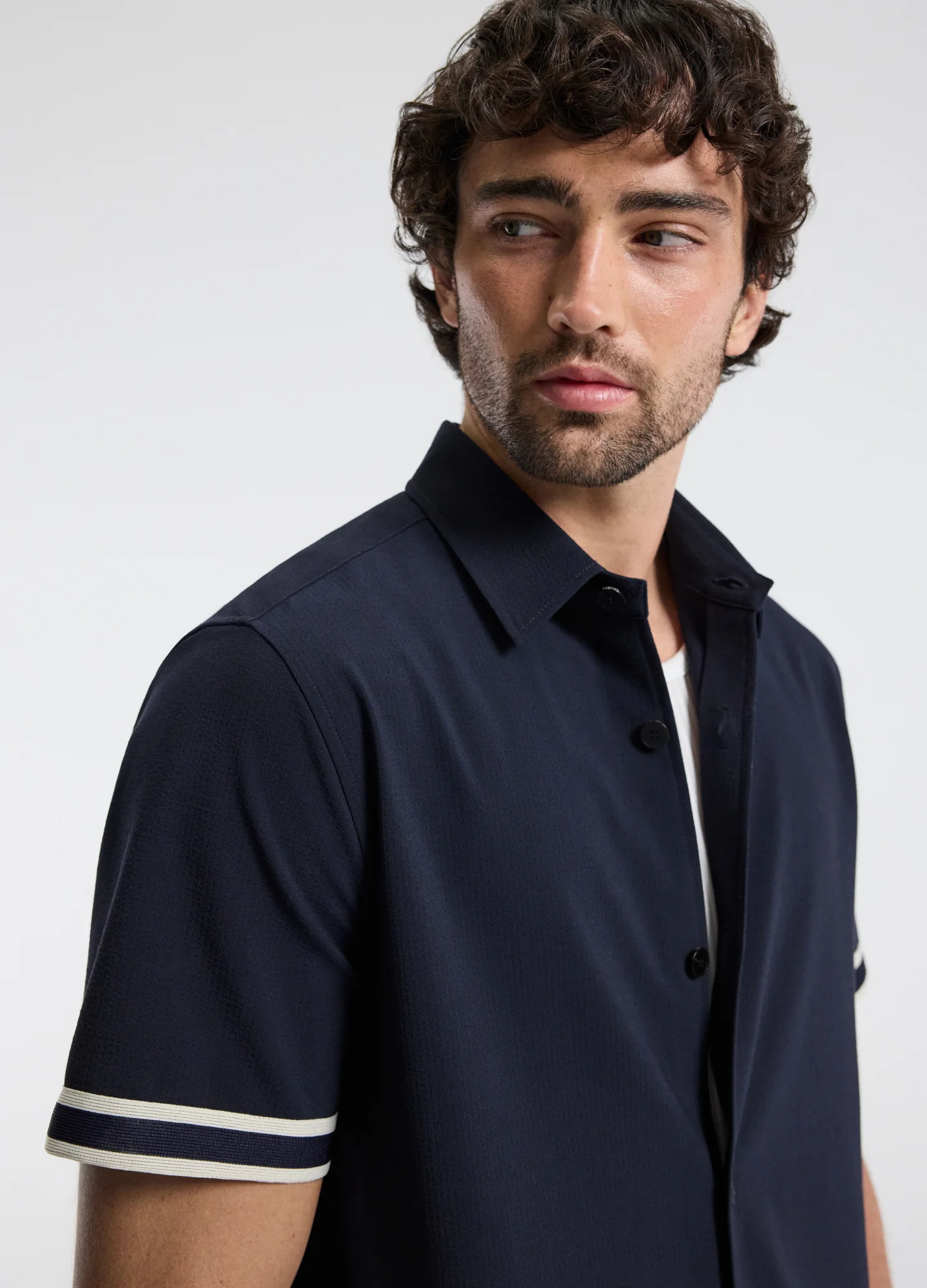 Stripe Trim Textured Overshirt Navy - Image 4