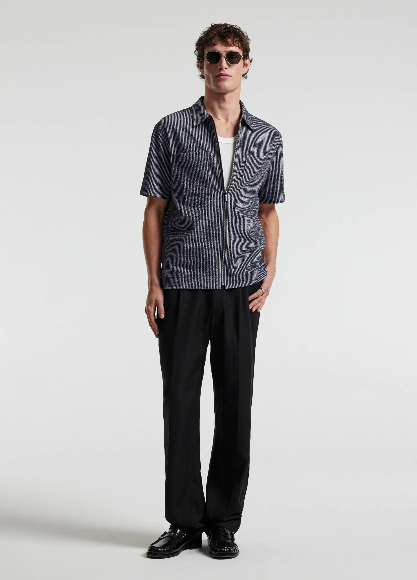 Stripe Zip Through Shirt Navy - Image 2