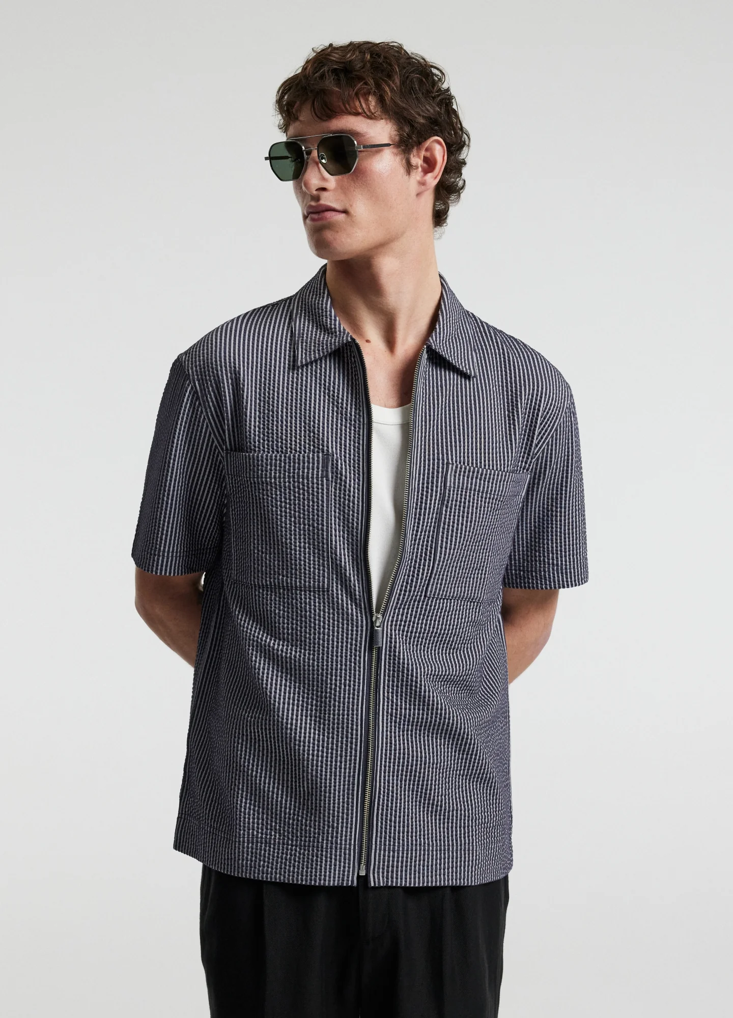 Stripe Zip Through Shirt Navy - Image 3