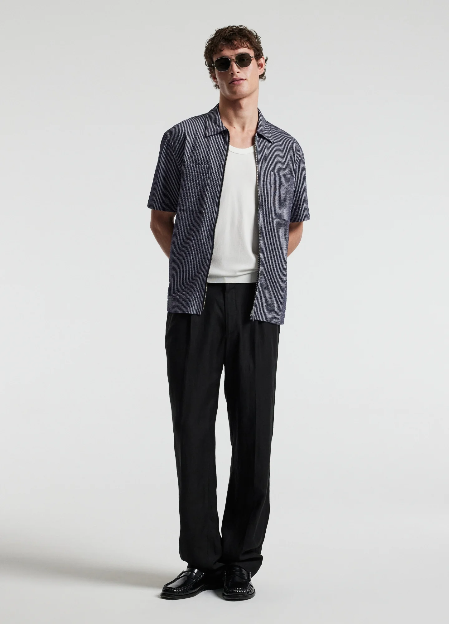 Stripe Zip Through Shirt Navy - Image 7