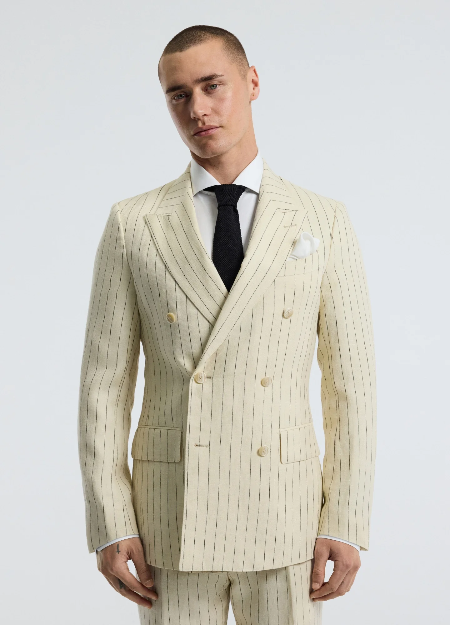 Striped Double-Breasted Suit Jacket Bone - Image 3