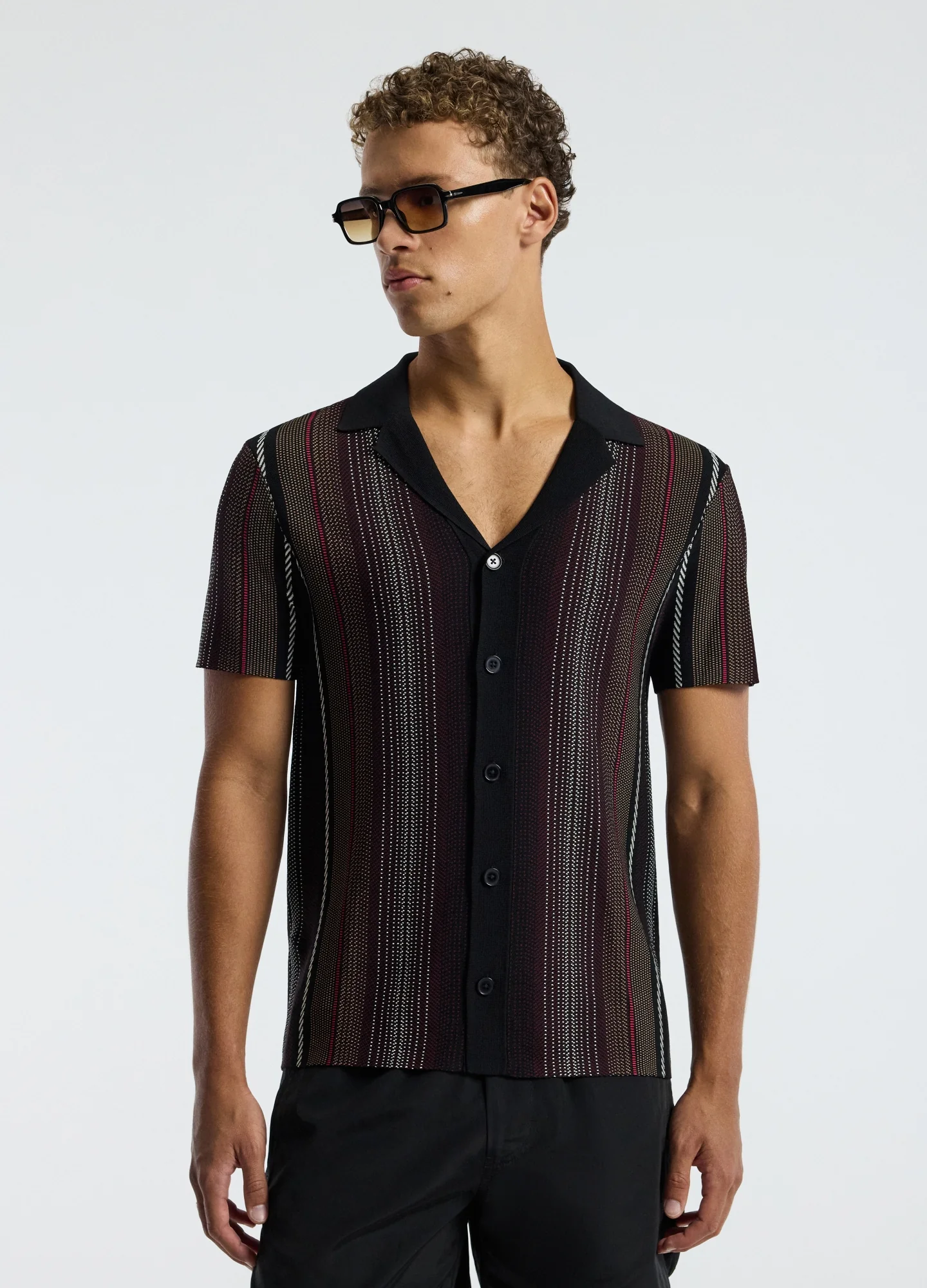 Striped Jacquard Knit Shirt Black - Image 3