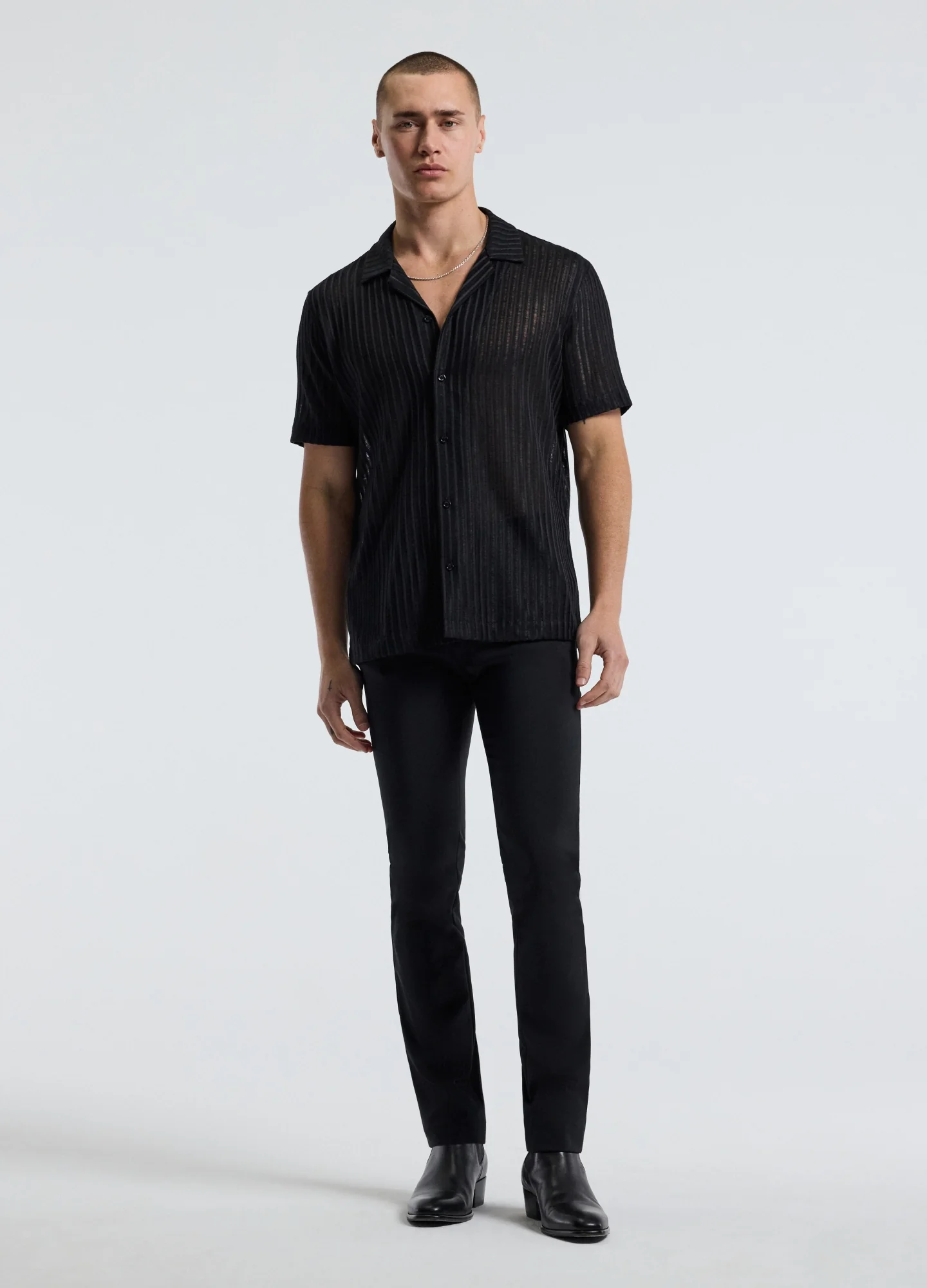 Striped Open Knit Short Sleeve Shirt Black - Image 2