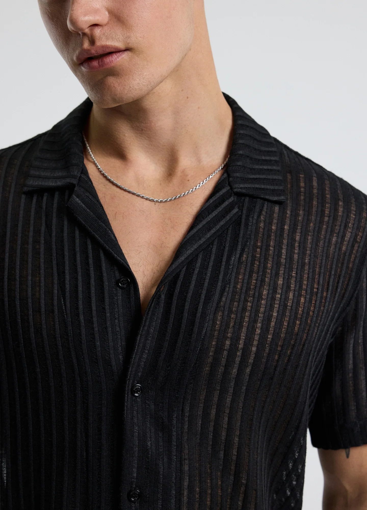 Striped Open Knit Short Sleeve Shirt Black - Image 4