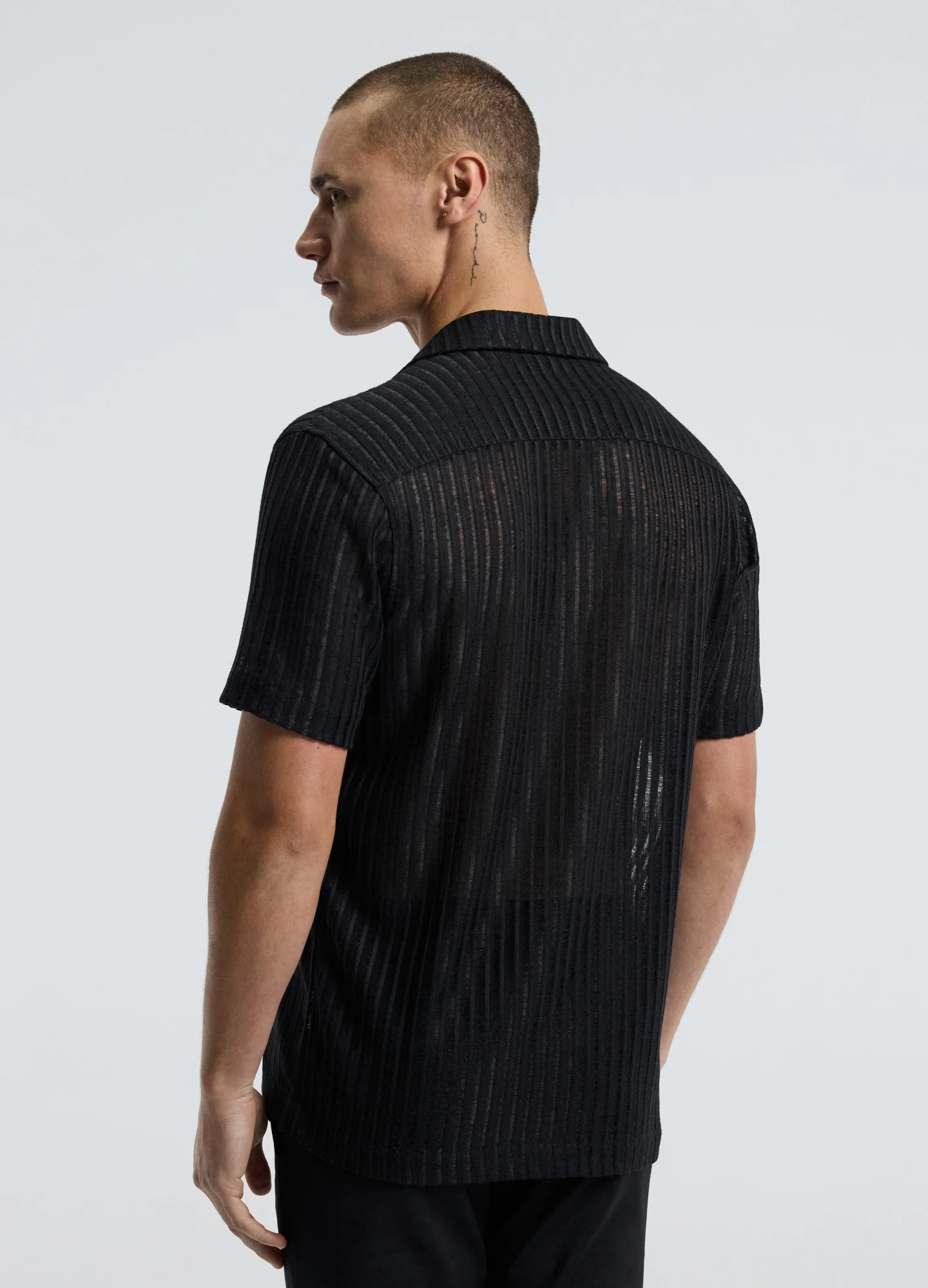Striped Open Knit Short Sleeve Shirt Black - Image 5