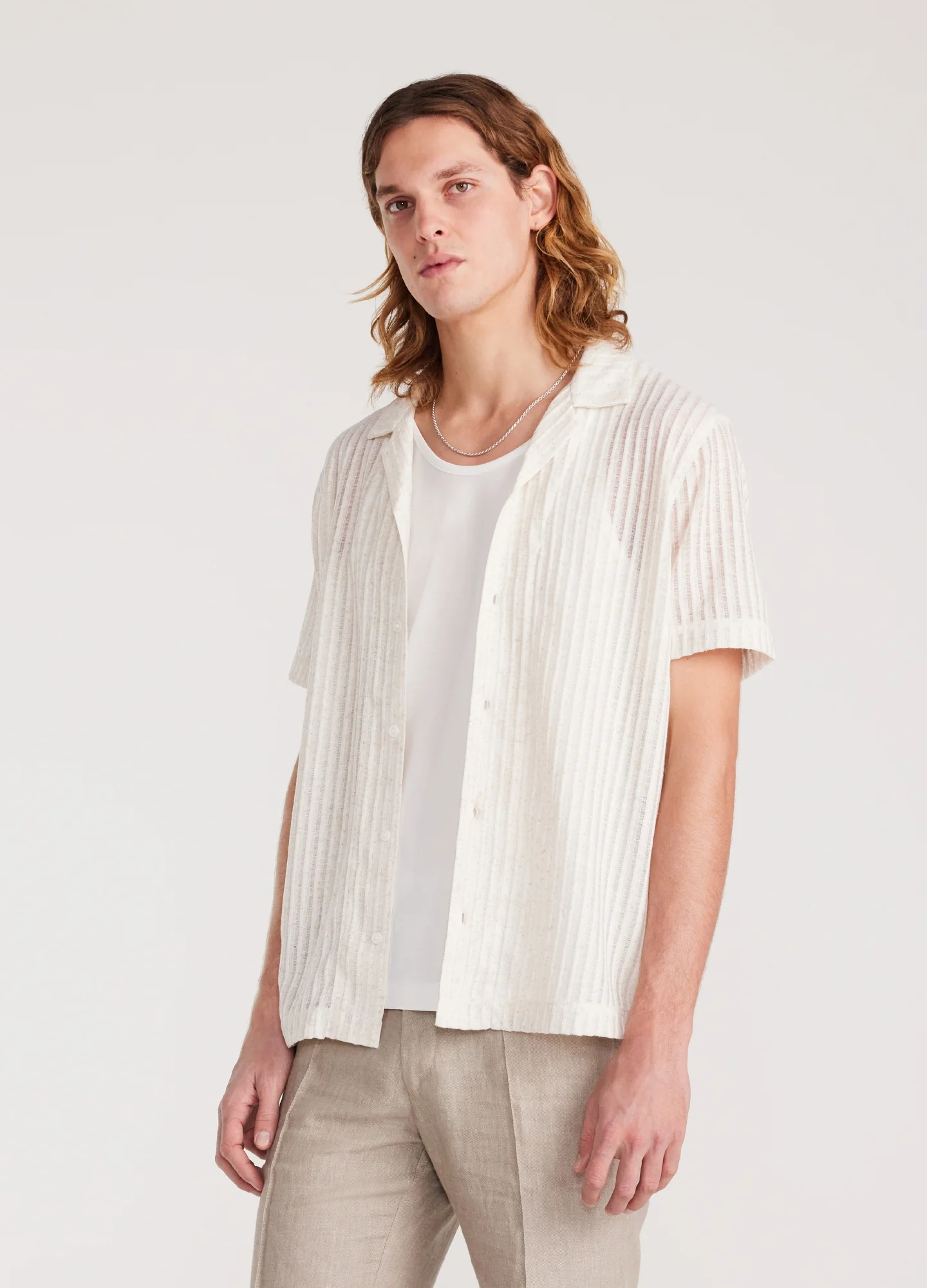 Striped Open Knit Short Sleeve Shirt Natural - Image 3